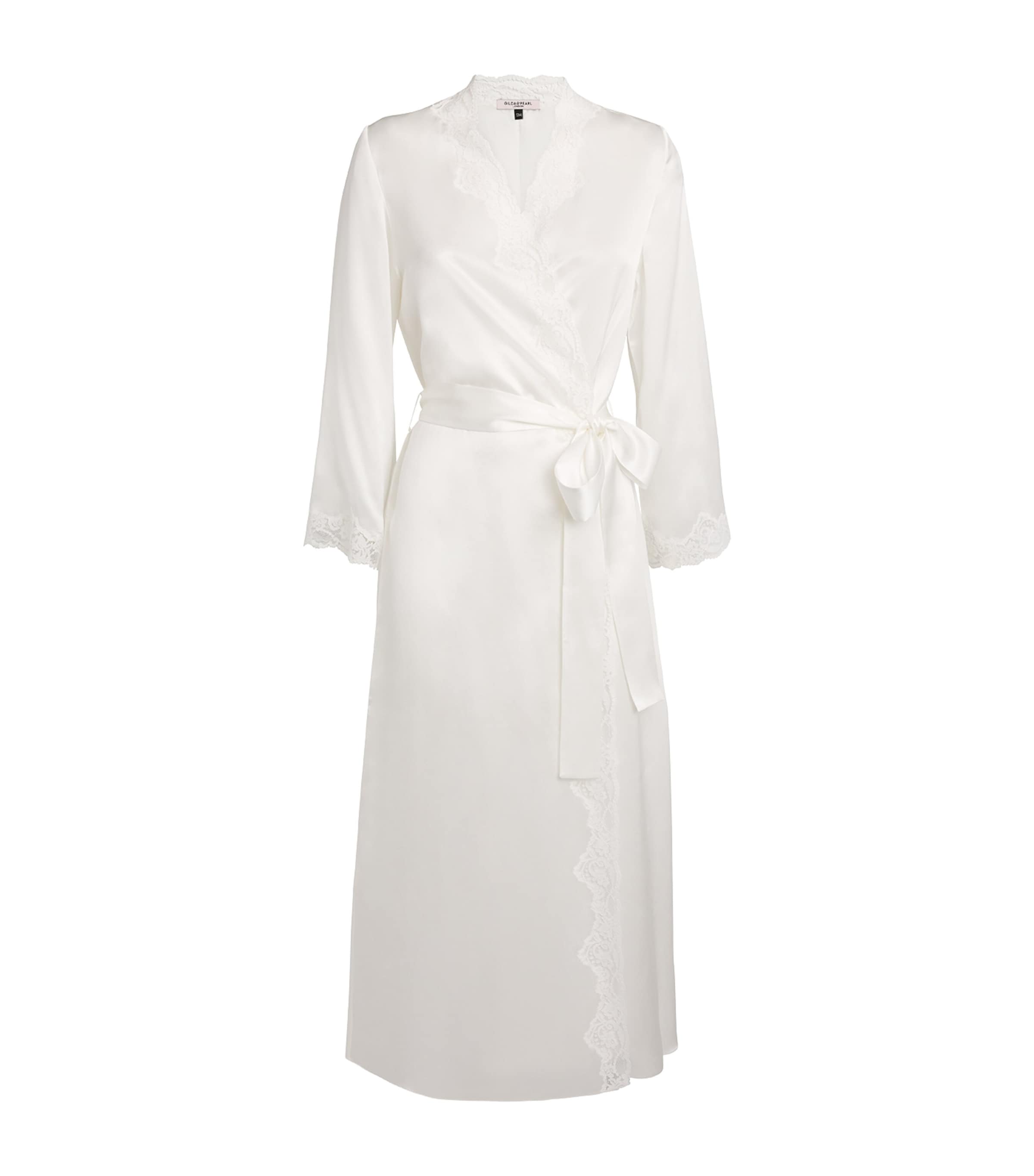 Gilda & Pearl Silk Lace-trim In My Boudoir Long Robe In White