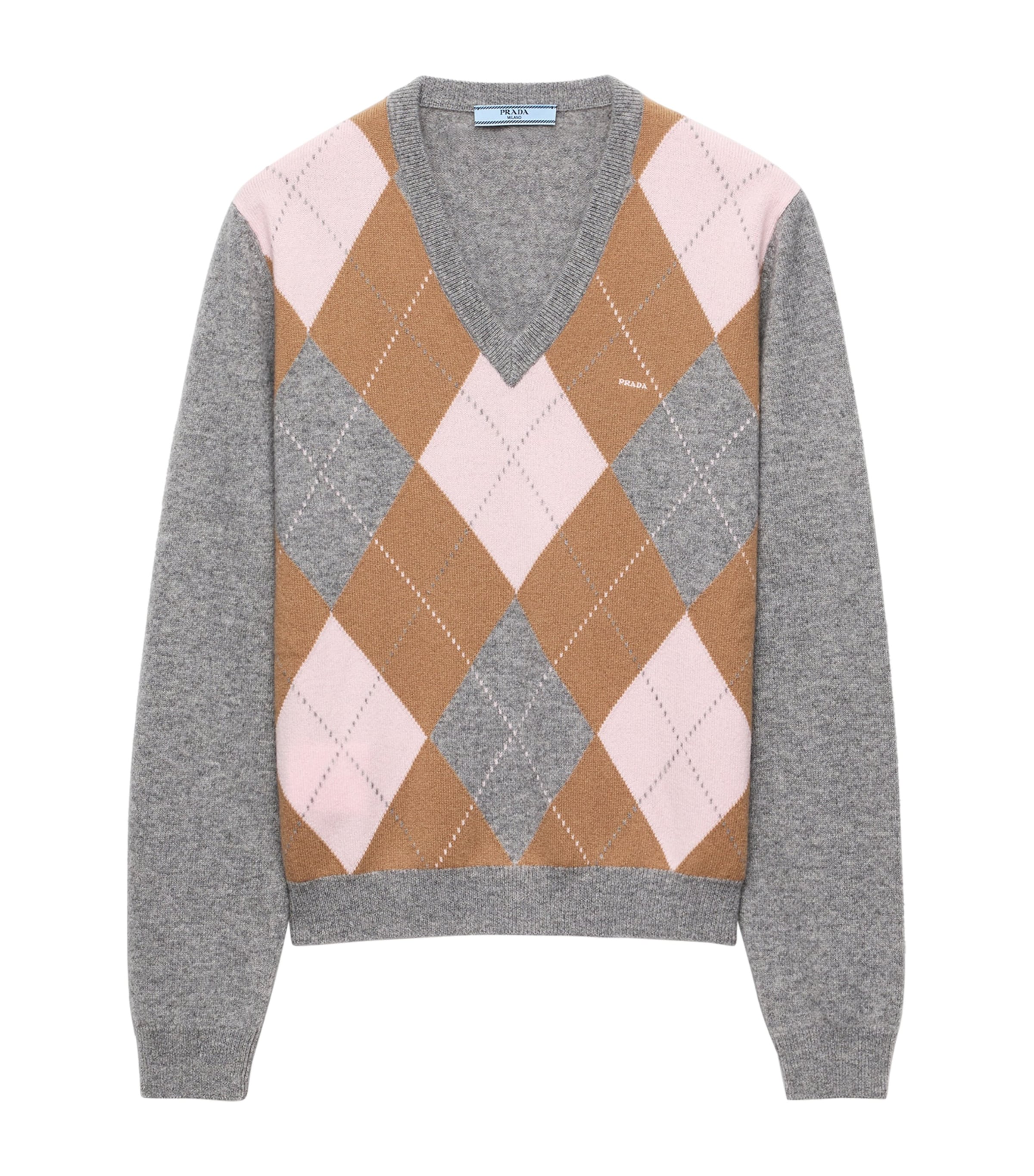 Prada Womens Cashmere Argyle V-Neck Sweater Grey Image 1