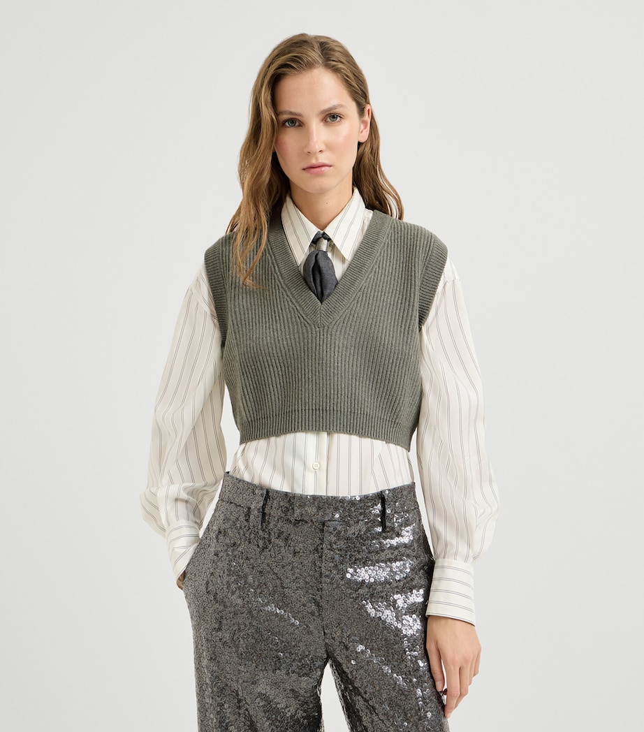 Brunello Cucinelli Womens Cashmere Rib-Knit Cropped Sweater Vest Dark Green Image 2