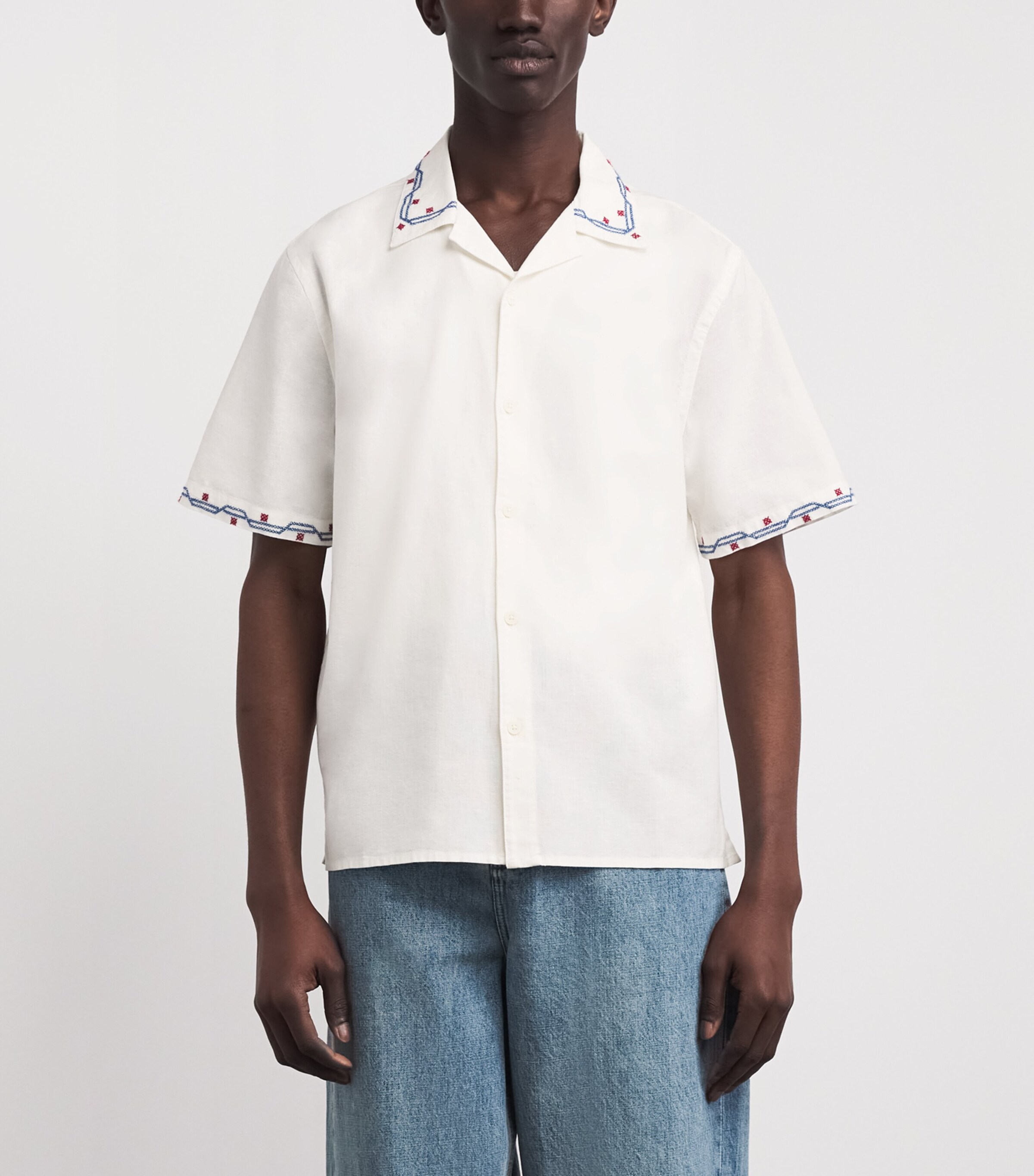 Wax London Mens Cotton-Linen Embroidered Didcot Shirt Ecru Image 4