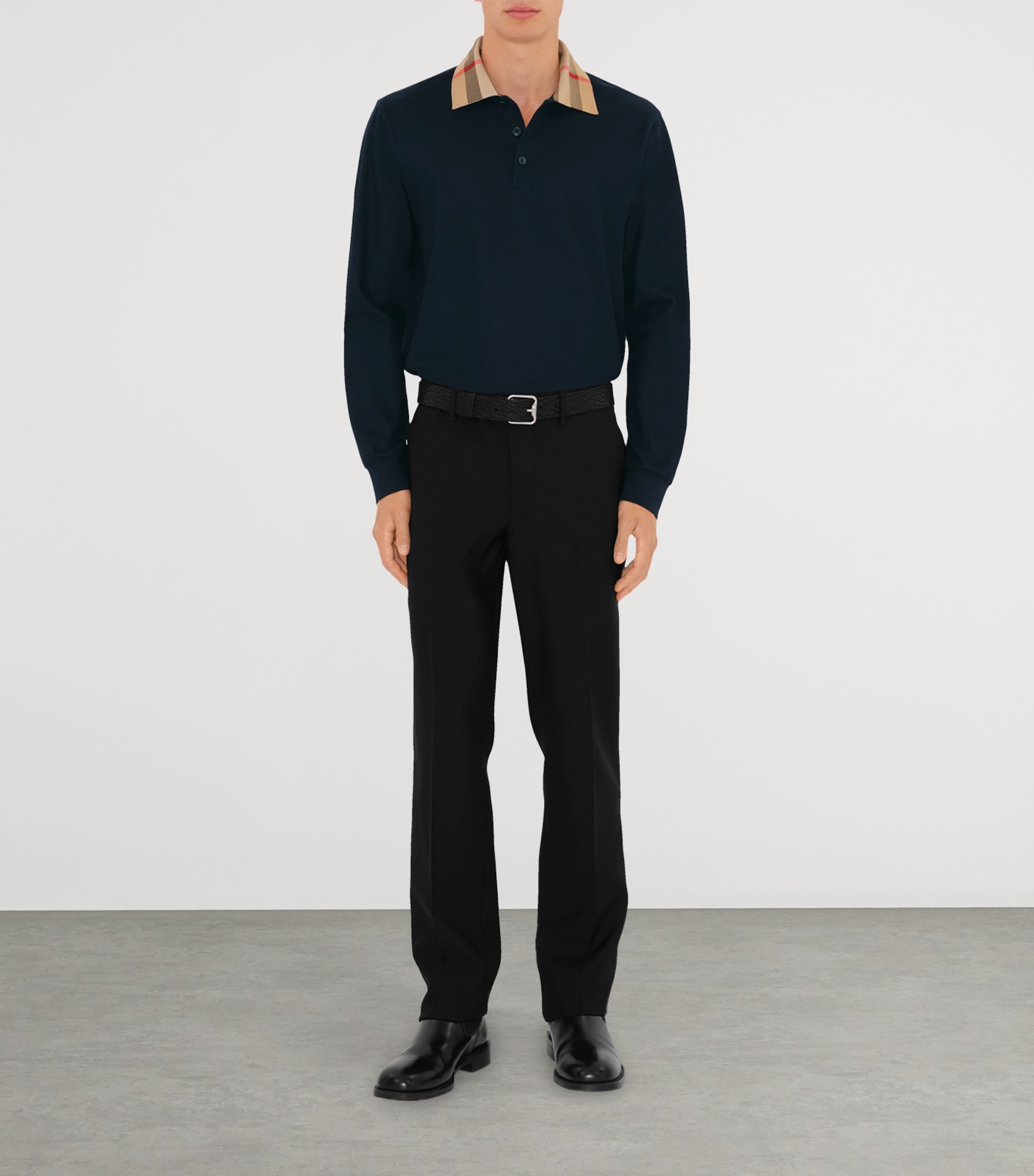 Cotton Check-Collar Long-Sleeve Polo Shirt SMOKED NAVY Image 2