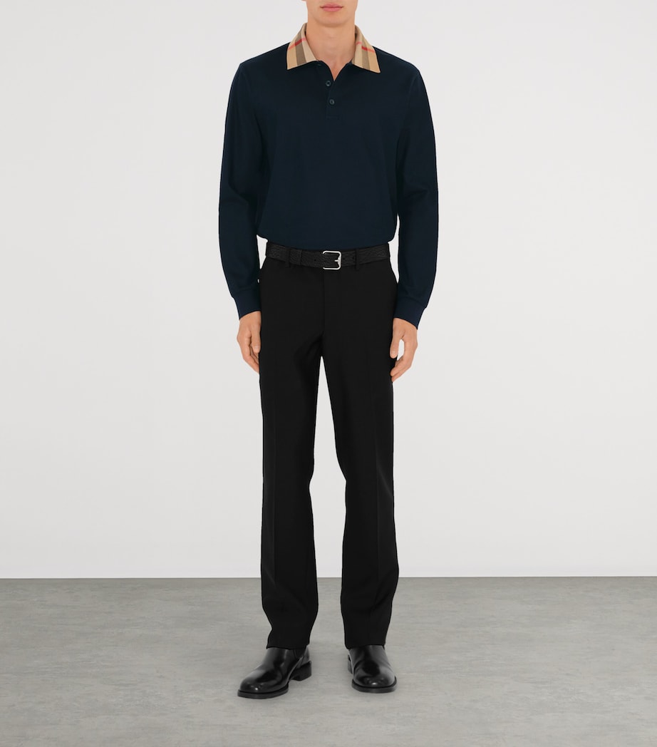 Cotton Check-Collar Long-Sleeve Polo Shirt SMOKED NAVY Image 2