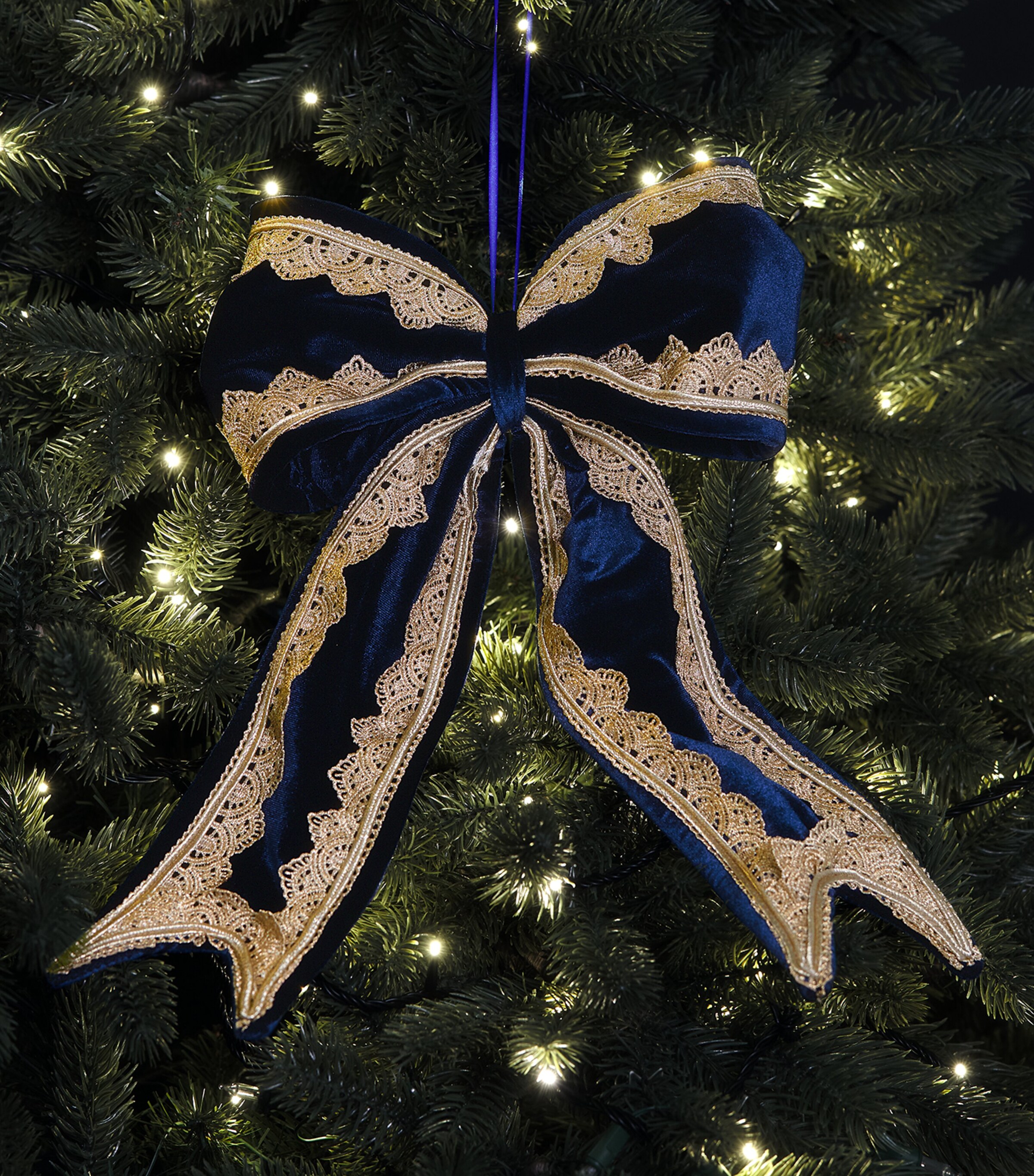 Luxury Garland Lace-Trim Bow Tree Decoration Navy/gold Trim Image 3