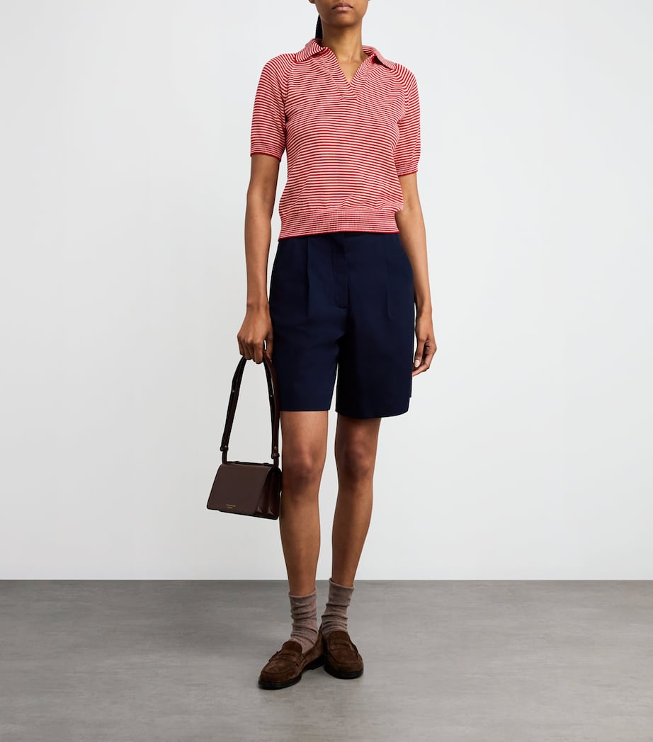 Cotton Stripe Open Polo Shirt RED Image 2