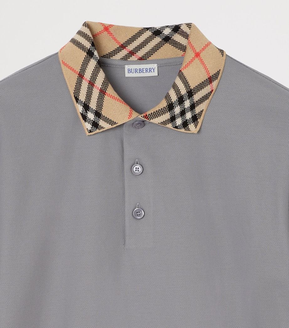 Burberry Mens Cotton Check-Collar Polo Shirt Rainy Grey Image 2