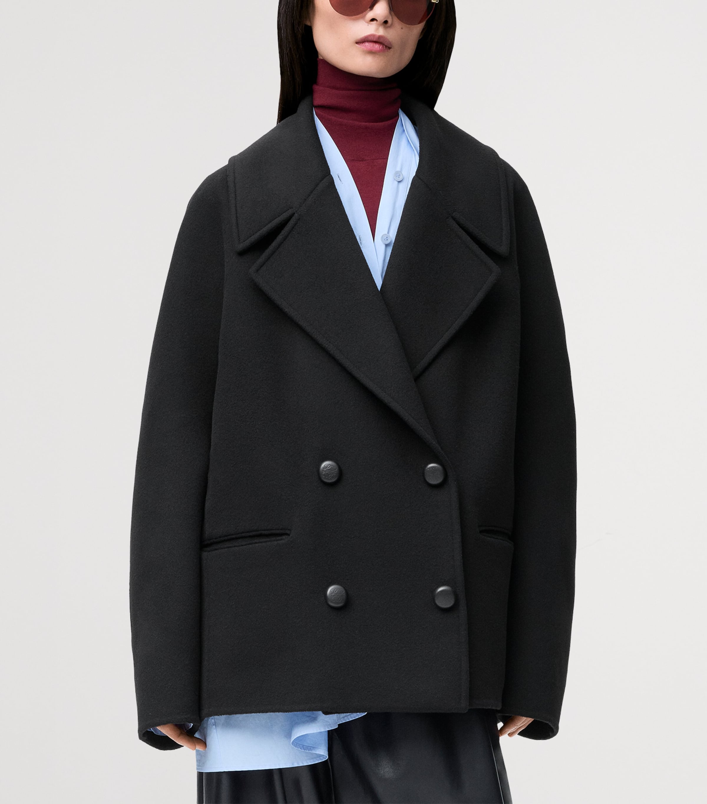 Wool Double-Breasted Short Coat BLACK Image 3