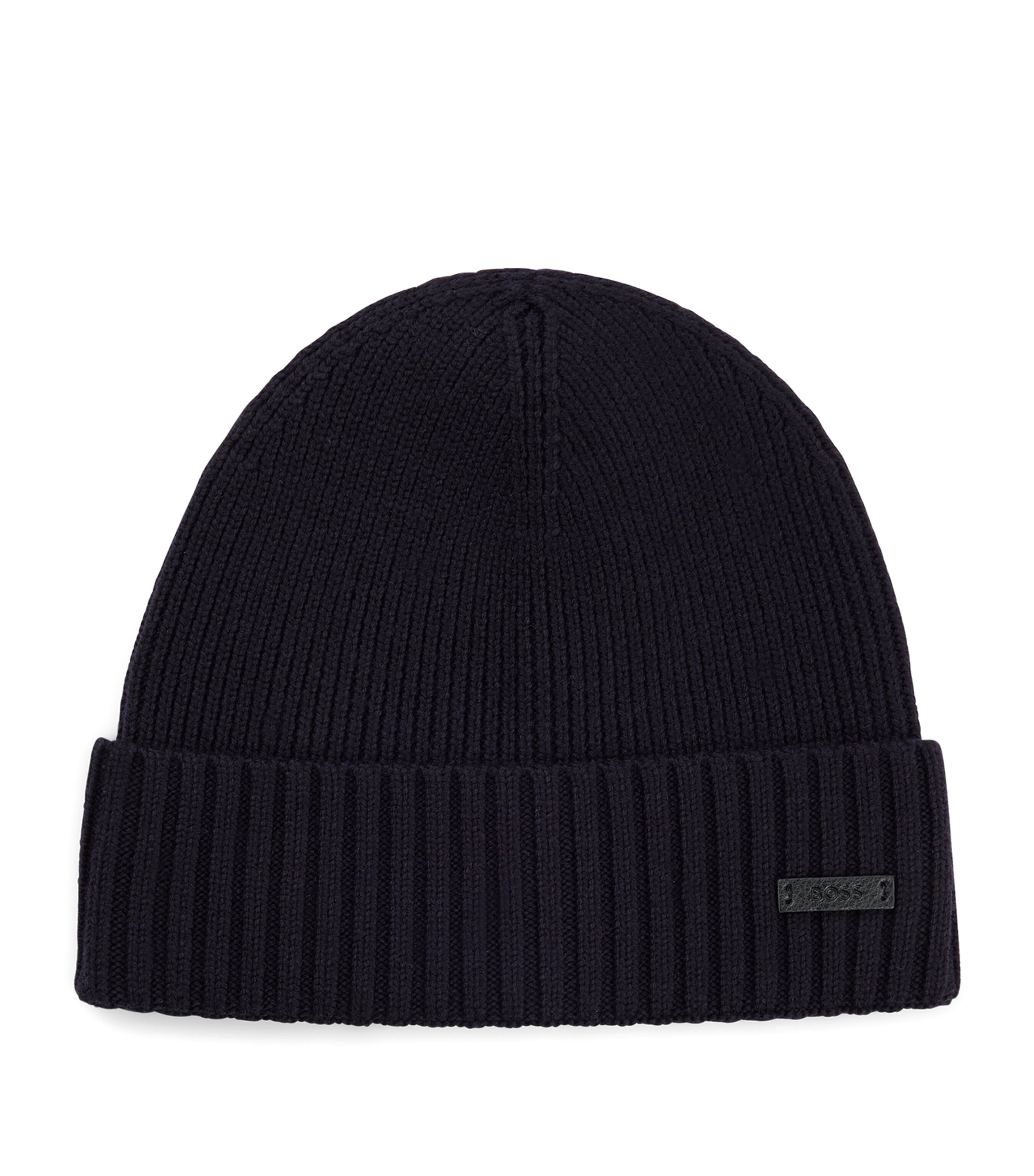 Shop Hugo Boss Virgin Wool Logo-badge Beanie In Blue