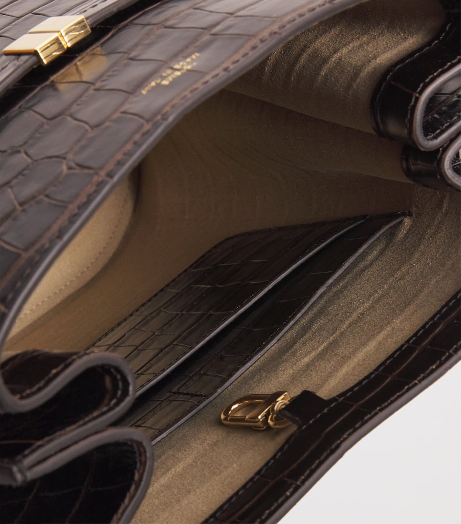 Leather Croc-Embossed Bucket Shoulder Bag 034 DARK BROWN Image 4