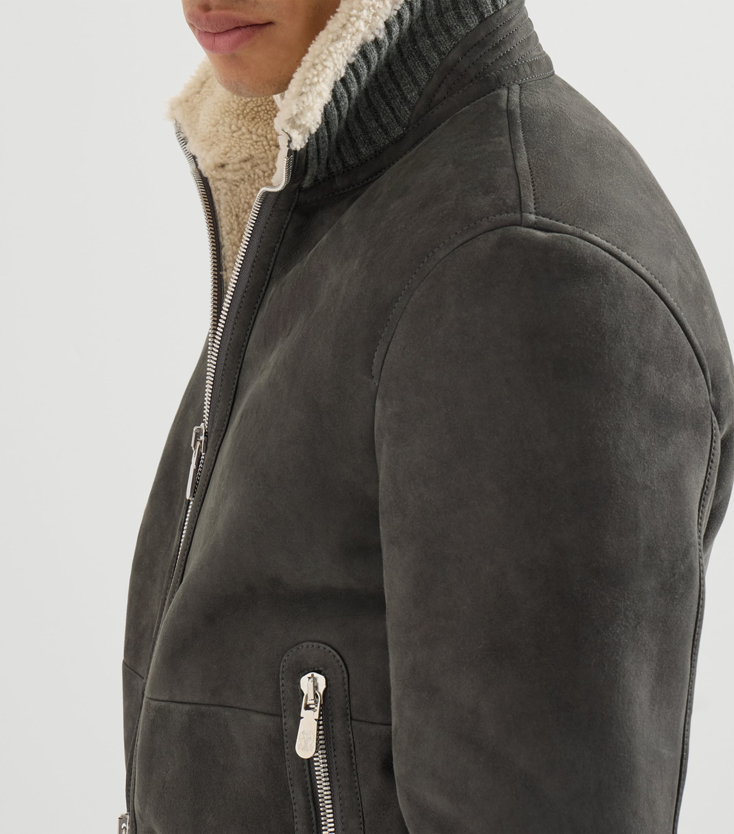 Brunello Cucinelli Mens Suede-Shearling Bomber Jacket Image 6