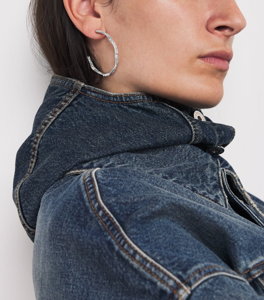 White Gold and Diamond Classic Fireworks Wave Hoop Earrings 18K WG/WD Image 2