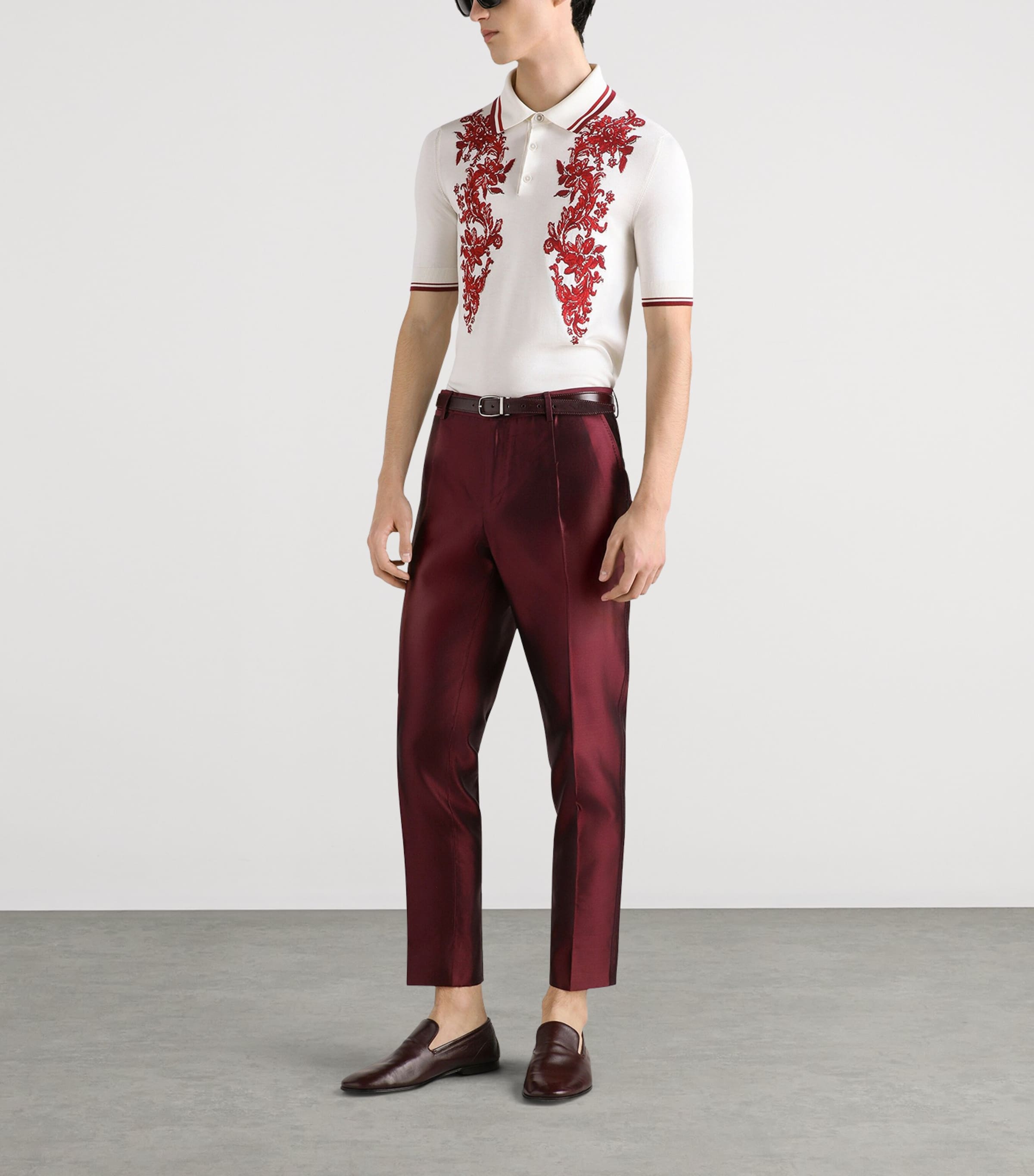 Dolce&Gabbana Mens Silk Cropped Tailored Trousers Wine Image 2