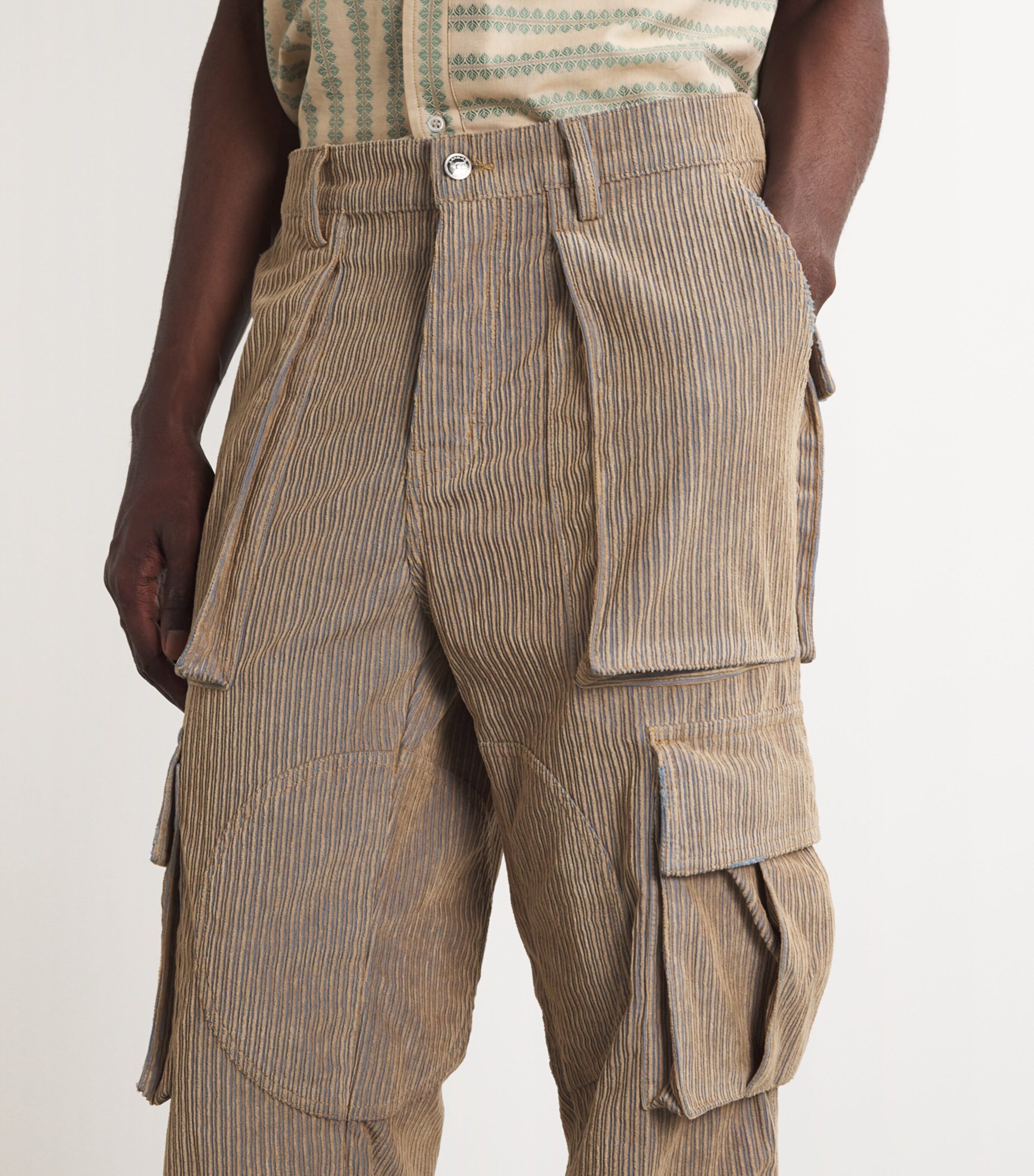 Nahmias Mens Cotton Corduroy Cargo Trousers Beige Wash Image 6