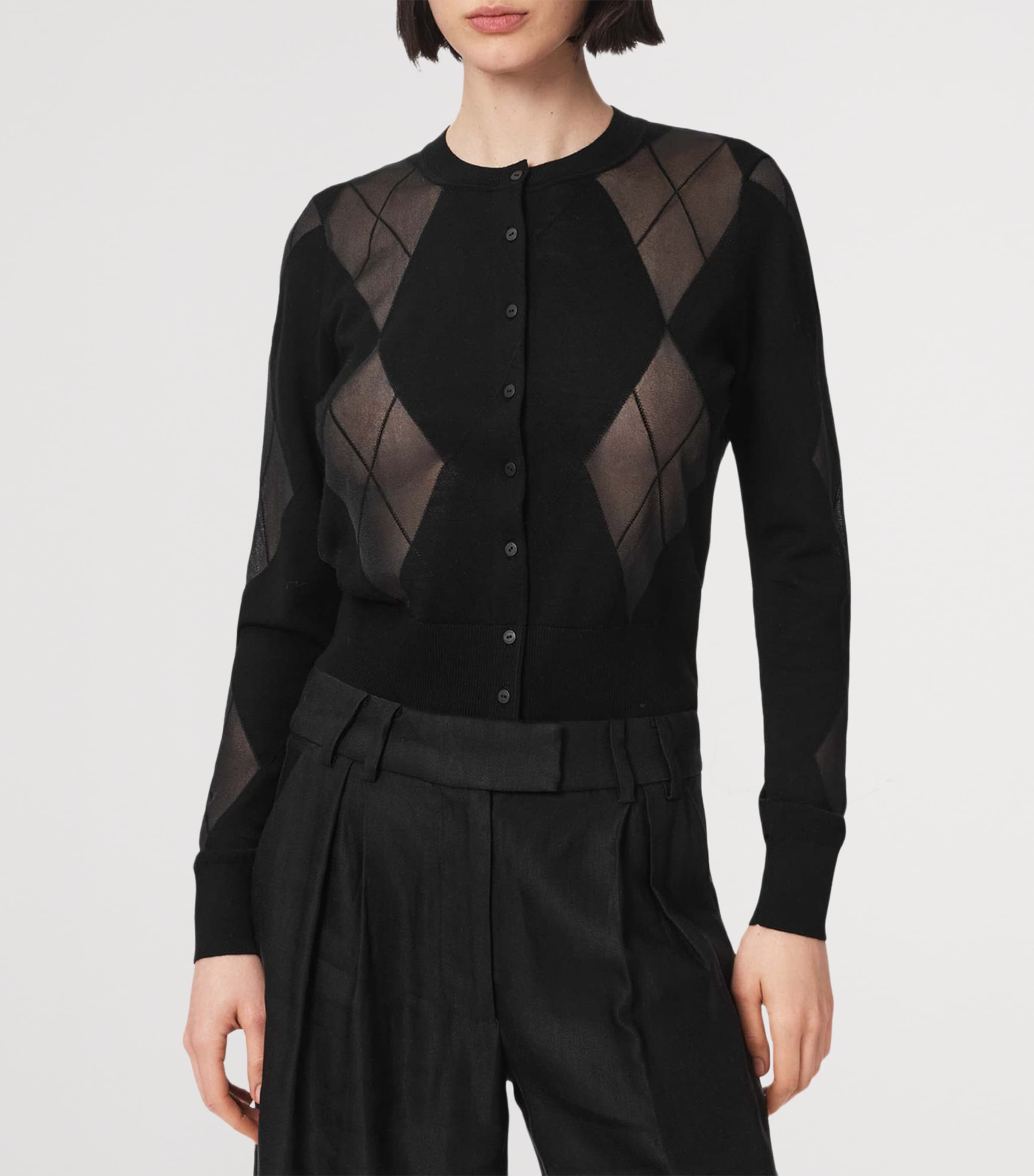 AllSaints Womens Wool-Blend Argyle Bern Cardigan Black Image 3