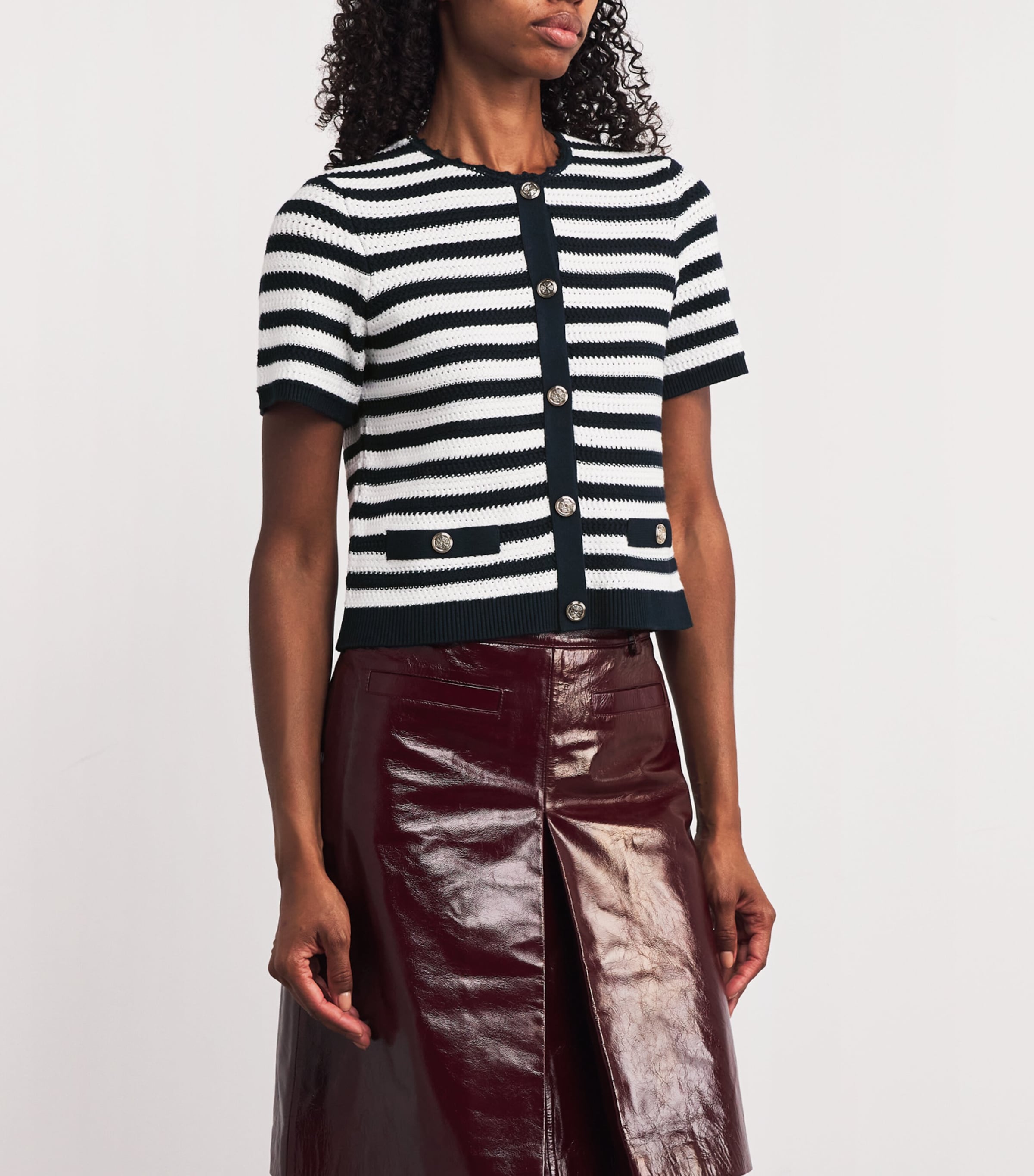 Cropped Stripe Cardigan WHITE/NAVY Image 3