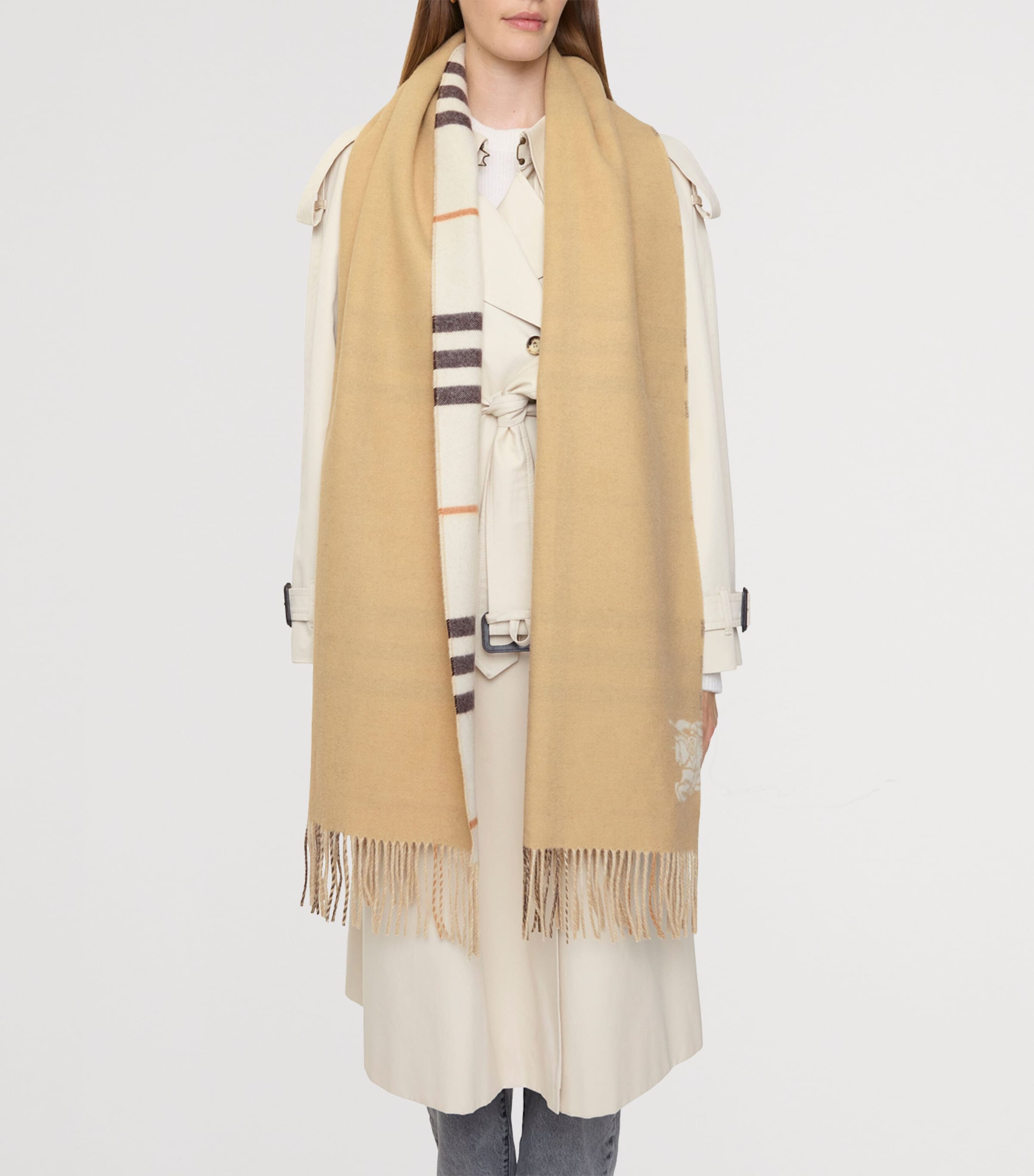 Cashmere Wide Reversible EKD Scarf PEBBLE WHITE Image 4