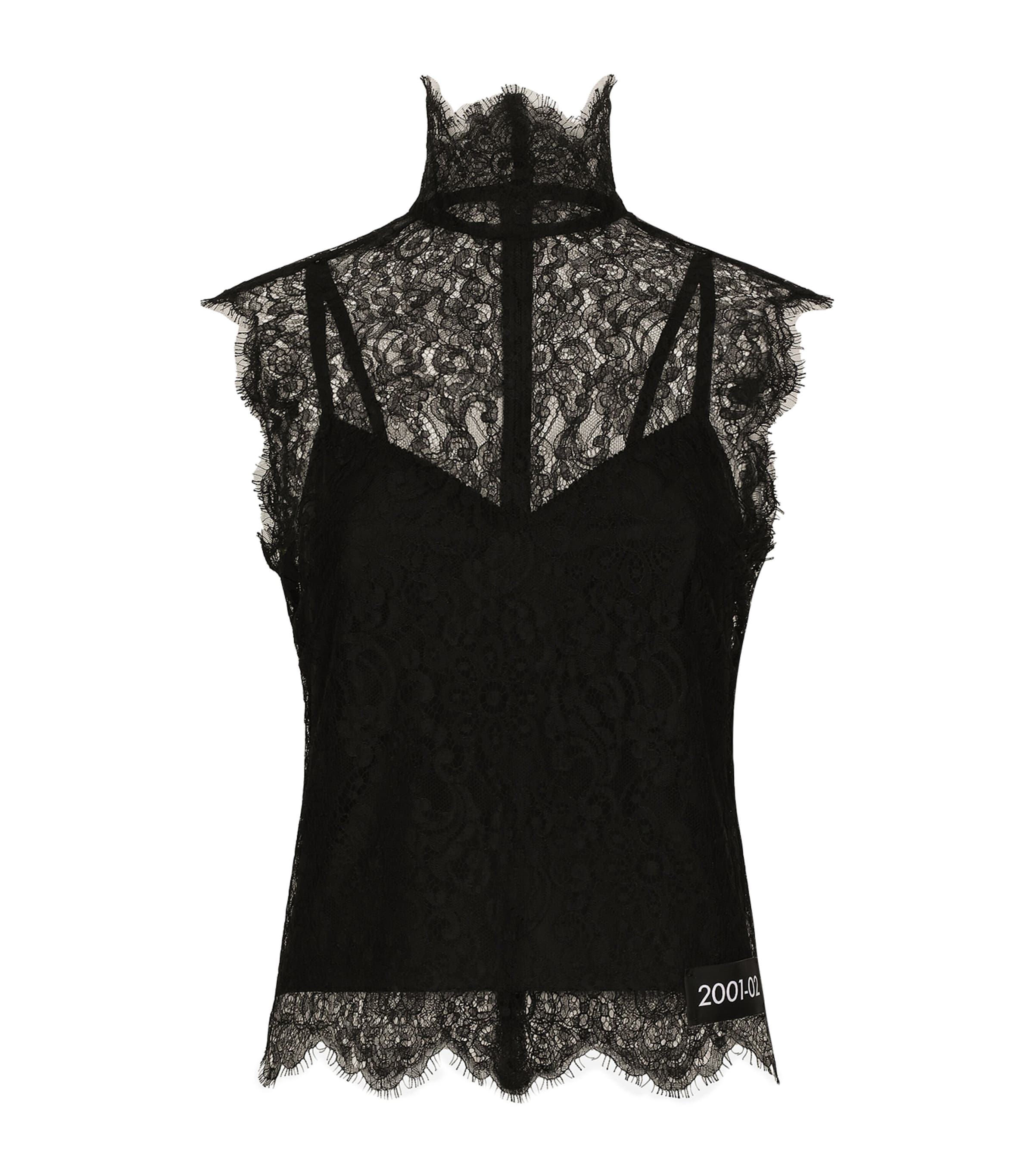 Dolce & Gabbana Black Turtle-neck Tank Top With Re-edition Patch In Chantilly Lace Woman