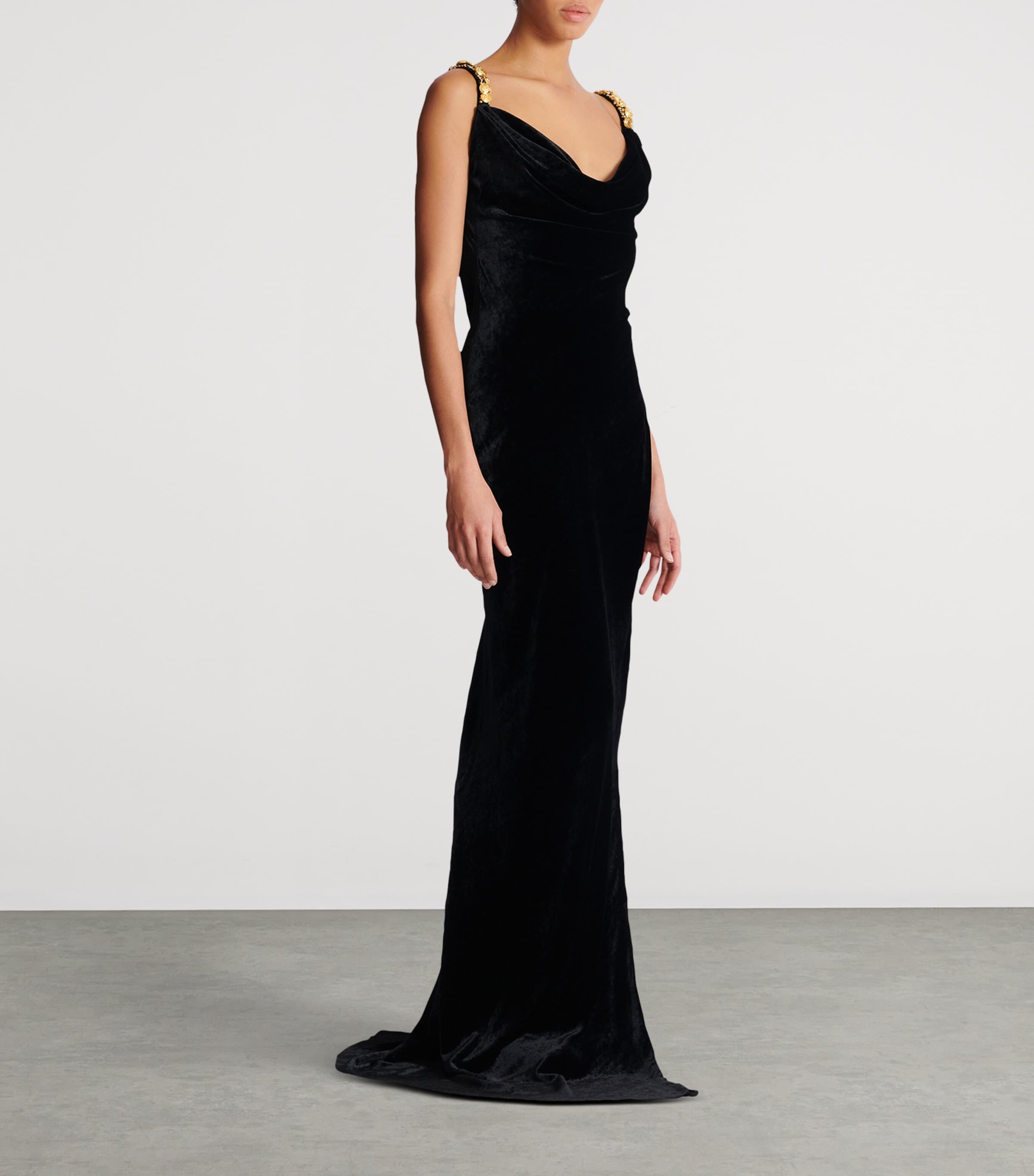 Velvet Button-Strap Maxi Dress EAD NOIR/OR Image 6