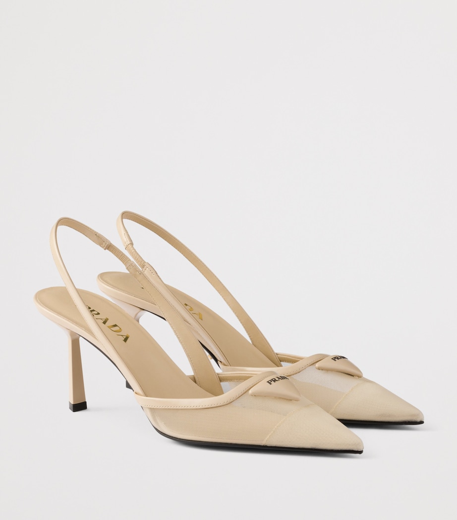Prada Leather-Mesh Slingback Pumps 75 Neutral Image 2