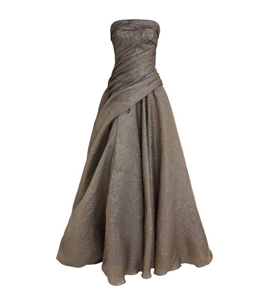 Marmar Halim Womens Metallic Strapless Draped Gown Olive Green Image 1