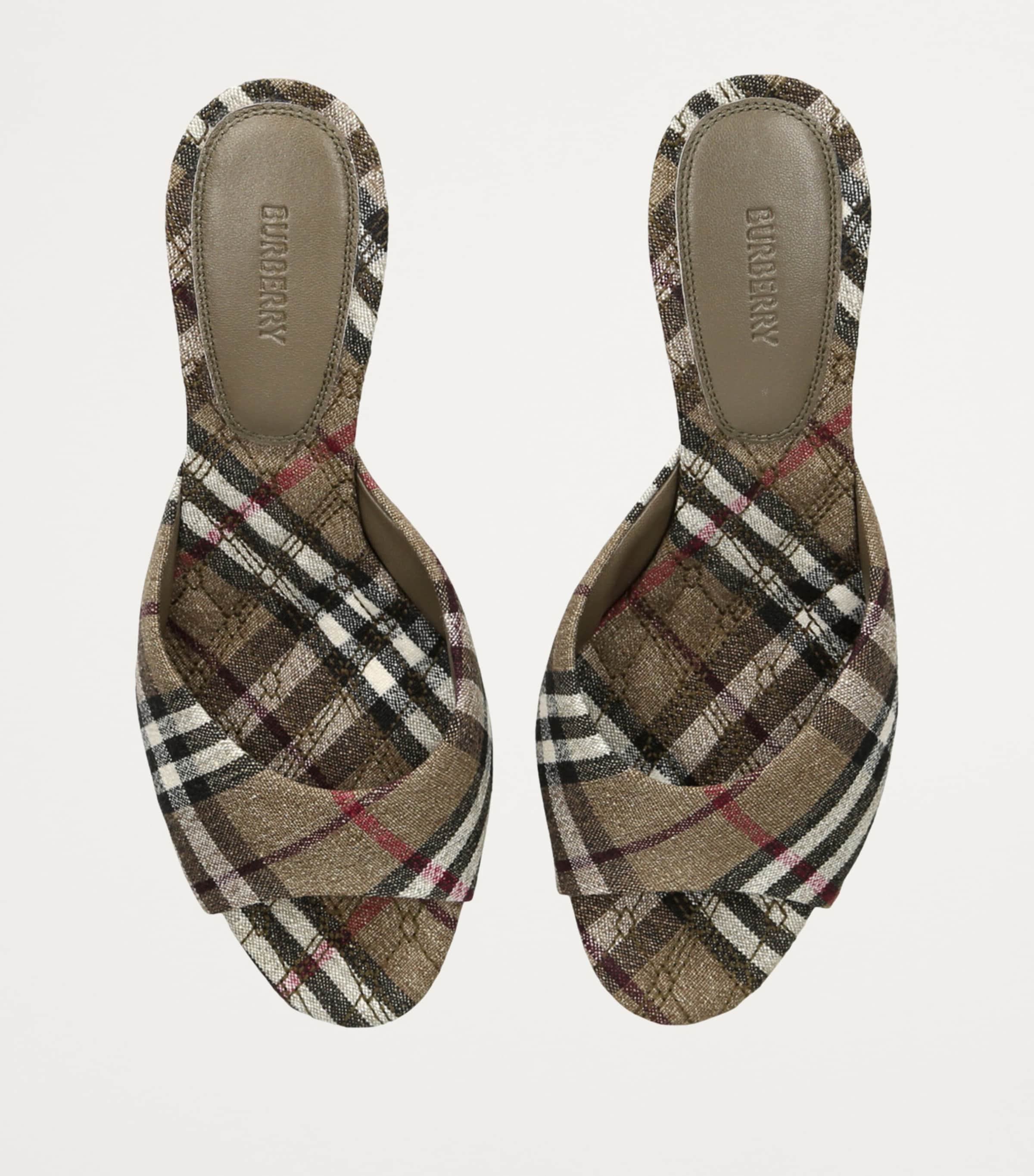 Stretch-Linen Check Mews Mules 65 BLK/BROWN Image 4