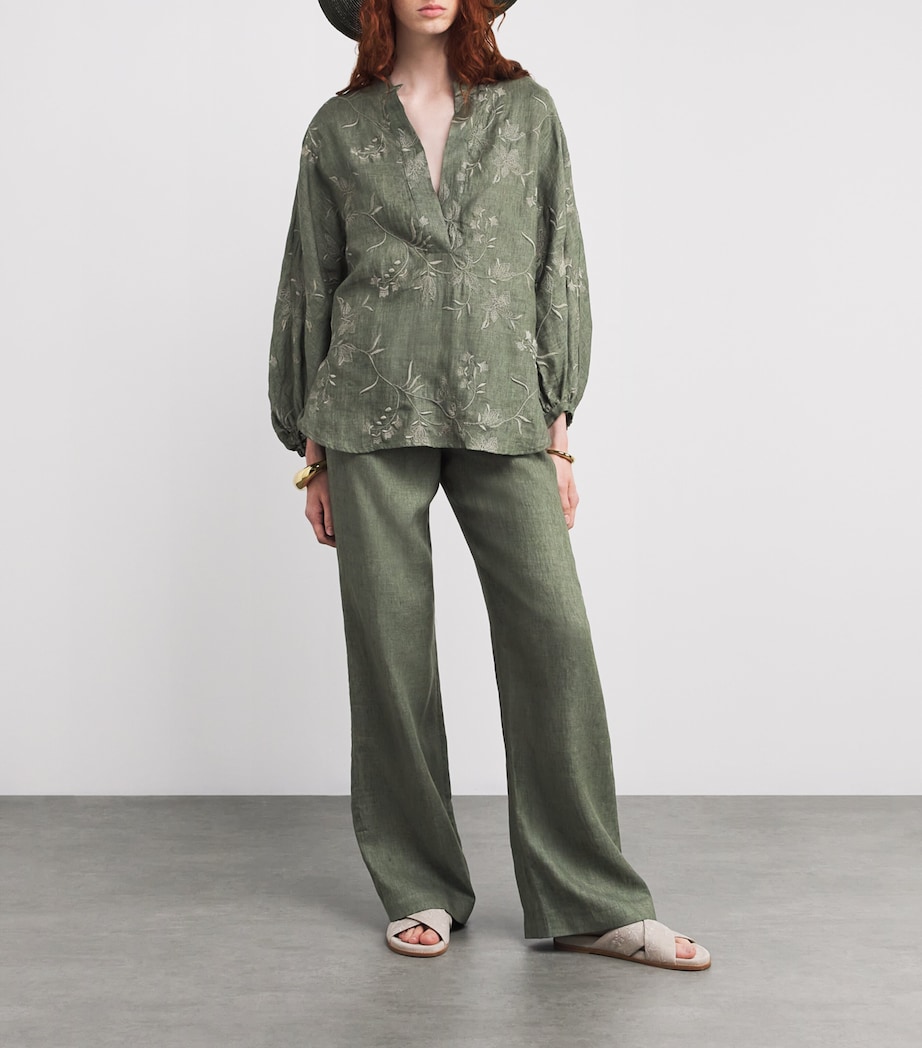 x Harrods Linen Elasticated Palazzo Trousers MILITARY GREEN Image 2