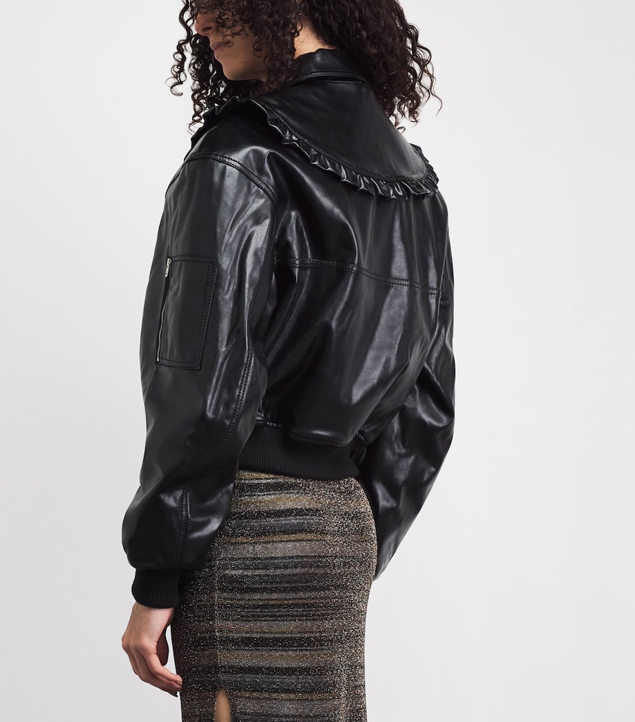 GANNI Womens Recycled Ruffled-Collar Leather Jacket Black Image 5