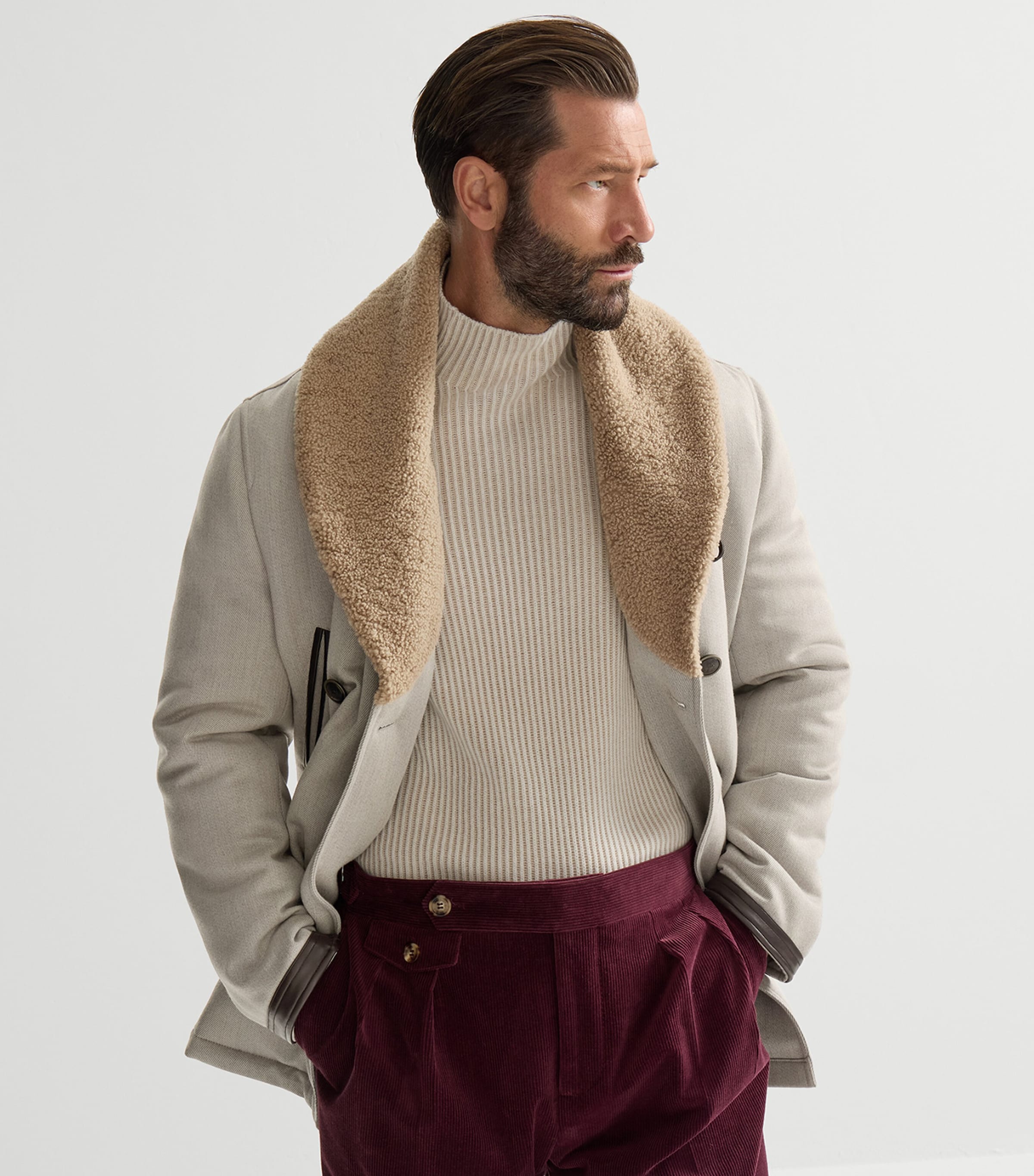 Brunello Cucinelli Mens Wool-Cashmere Shearling-Collar Jacket Image 4