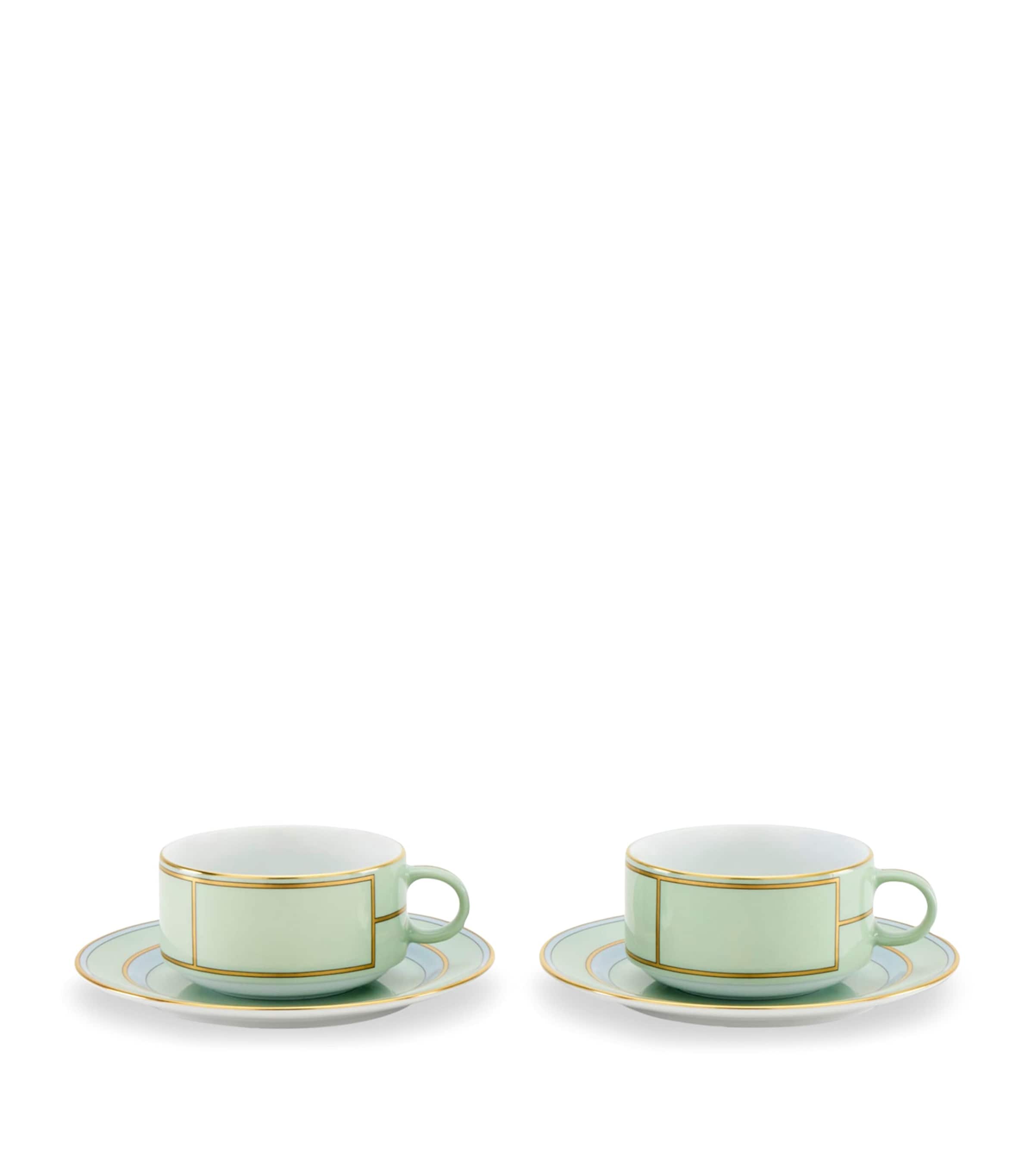 GINORI 1735 Set of 2 Porcelain Colonna Diva Verde Teacups and Saucers | Dining | Tableware | Tea Cups & Saucers | Outdoor Entertaining