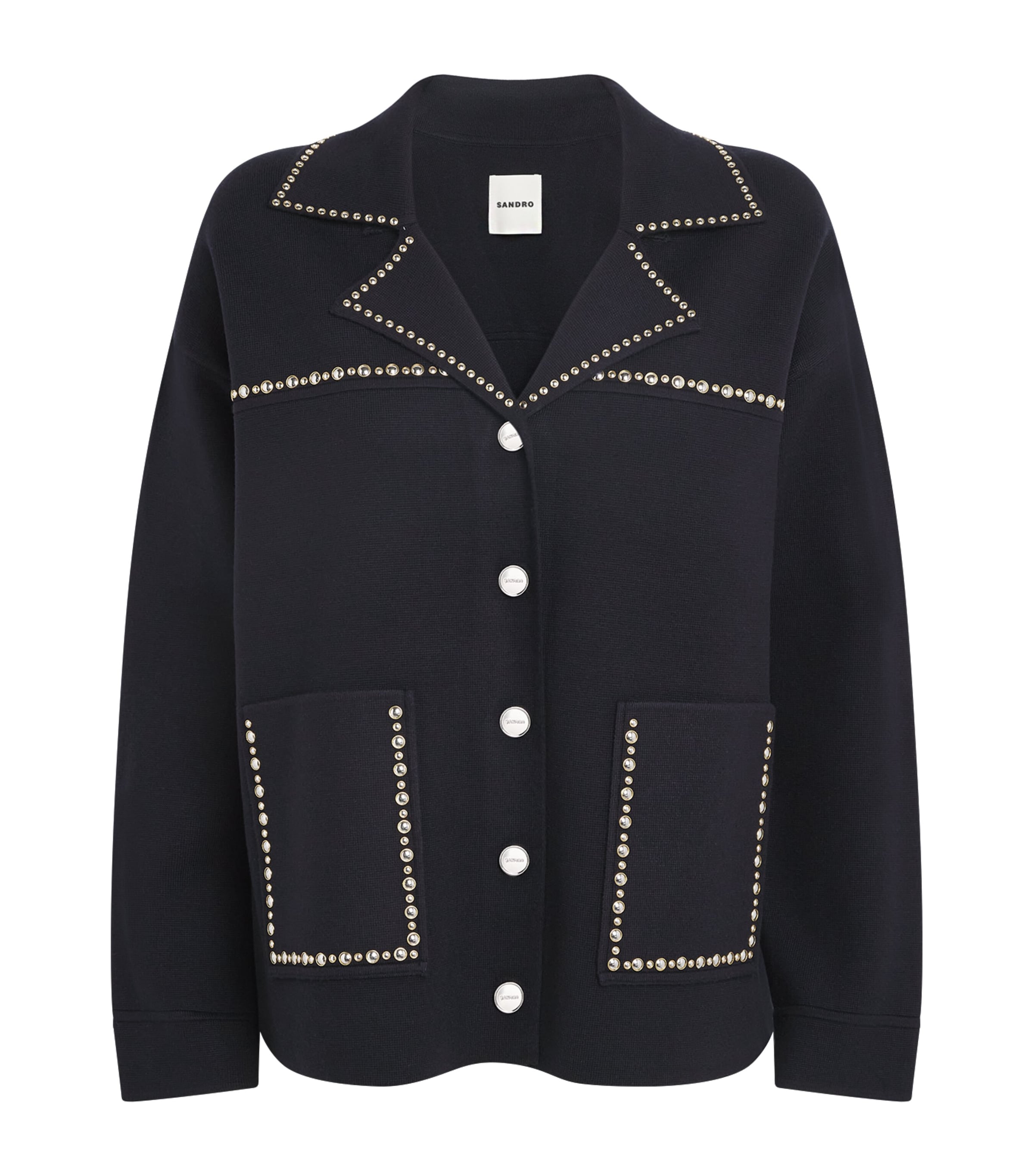 Sandro Paris Womens Embellished Blazer-Collar Cardigan Navy Blue Image 1