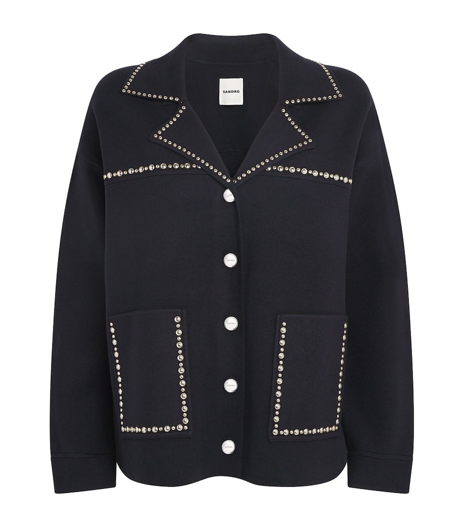 Sandro Paris Womens Embellished Blazer-Collar Cardigan Navy Blue Image 1