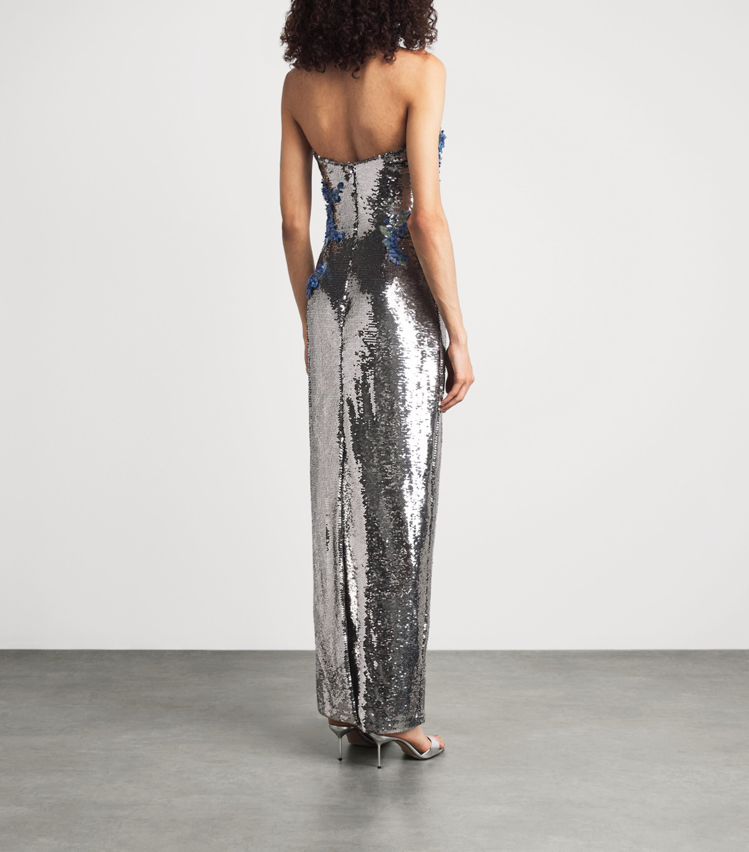 Monique Lhuillier Womens Sequin Floral Gown Chrome Multi Image 4