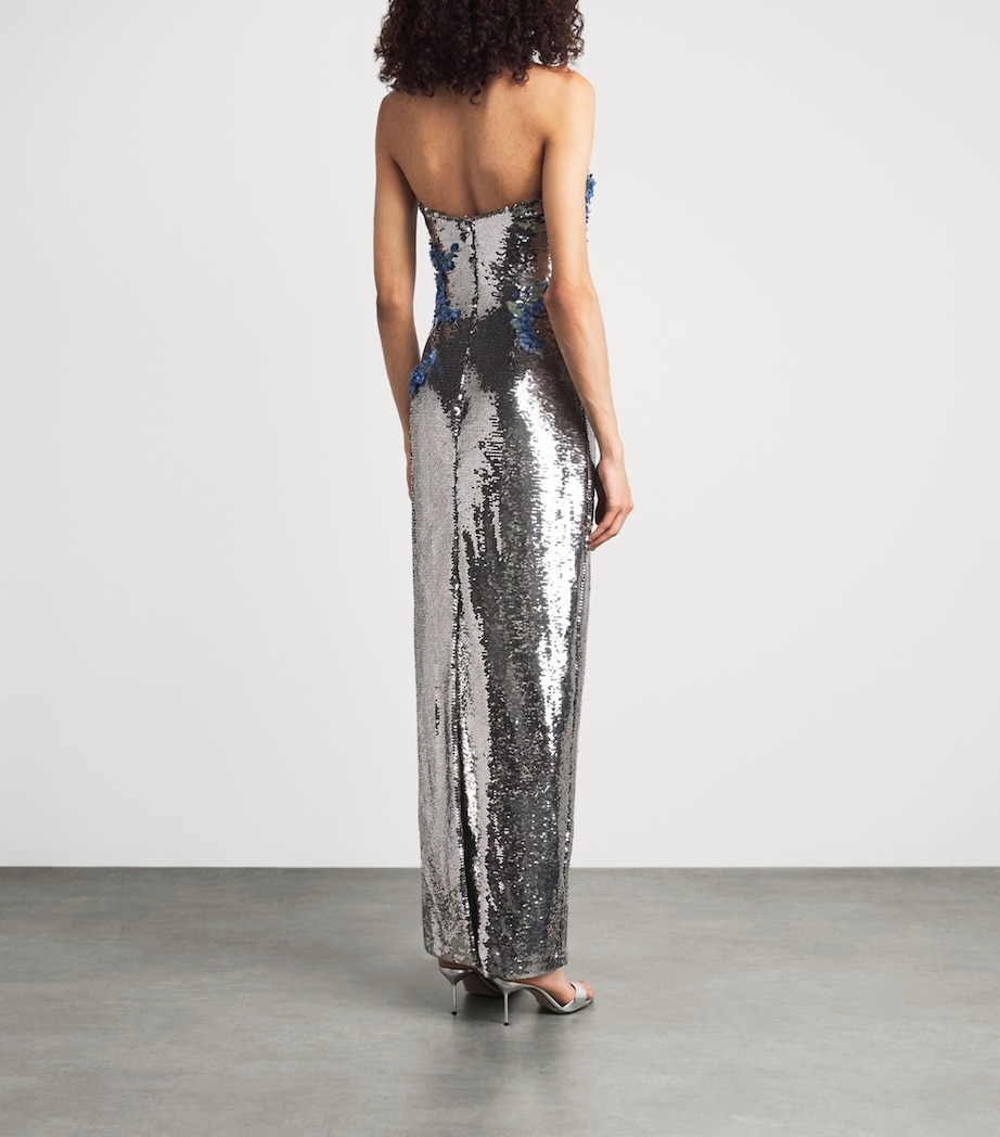 Monique Lhuillier Womens Sequin Floral Gown Chrome Multi Image 4