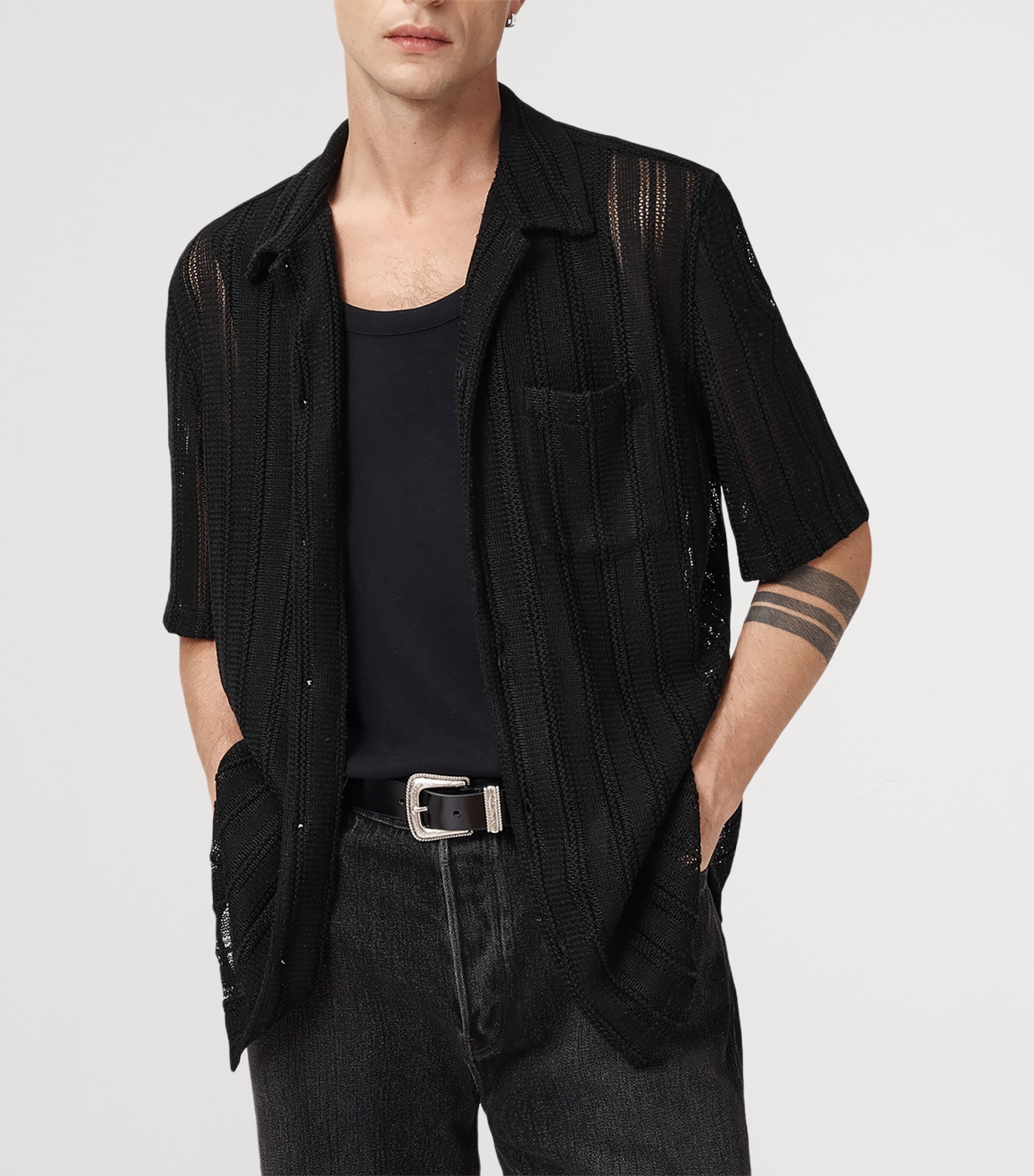 AllSaints Mens Open-Knit Sylvan Shirt Jet Black Image 5