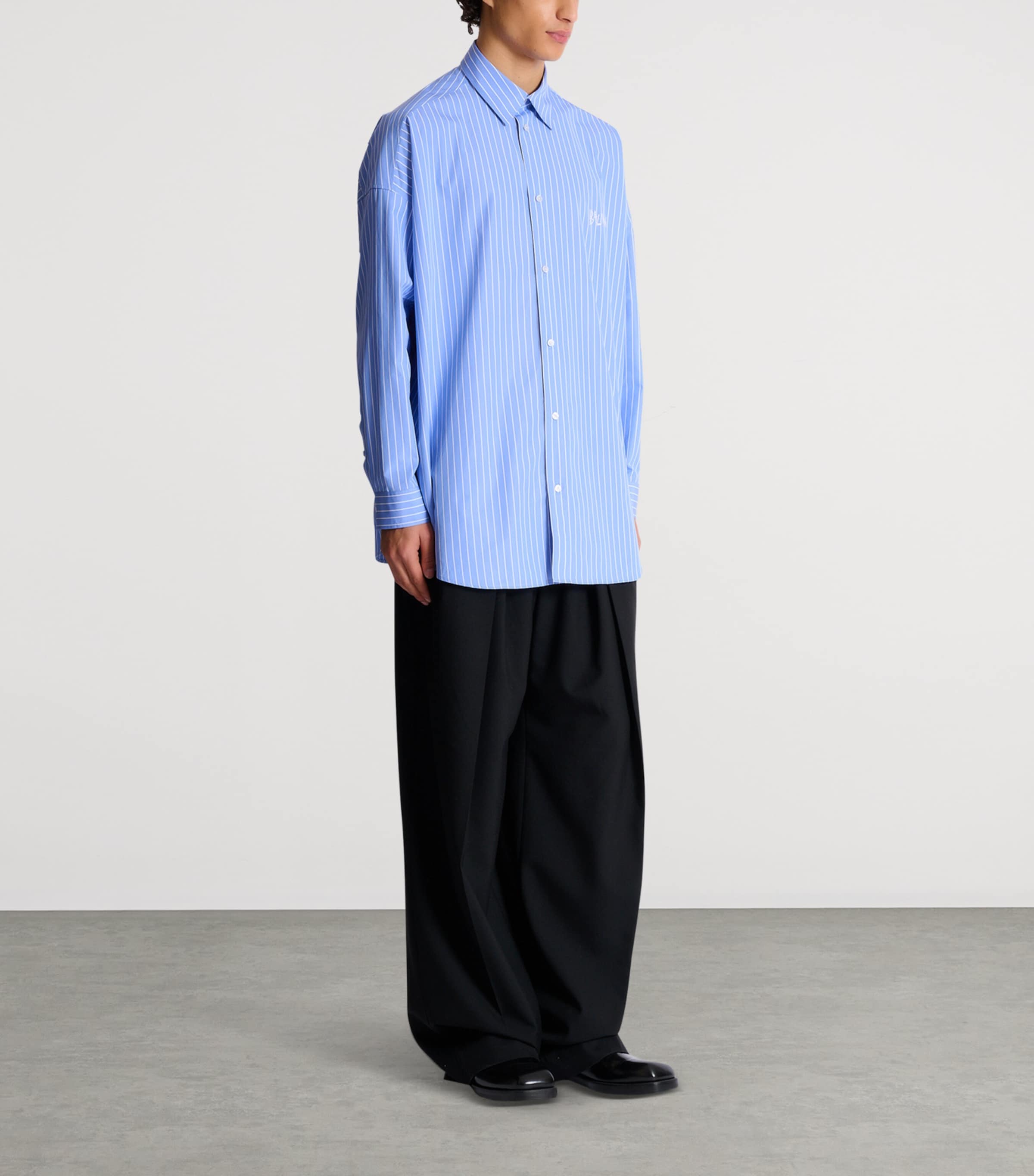 Balmain Mens Cotton Relaxed Stripe Logo Shirt Sab Bleu/blanc Image 2