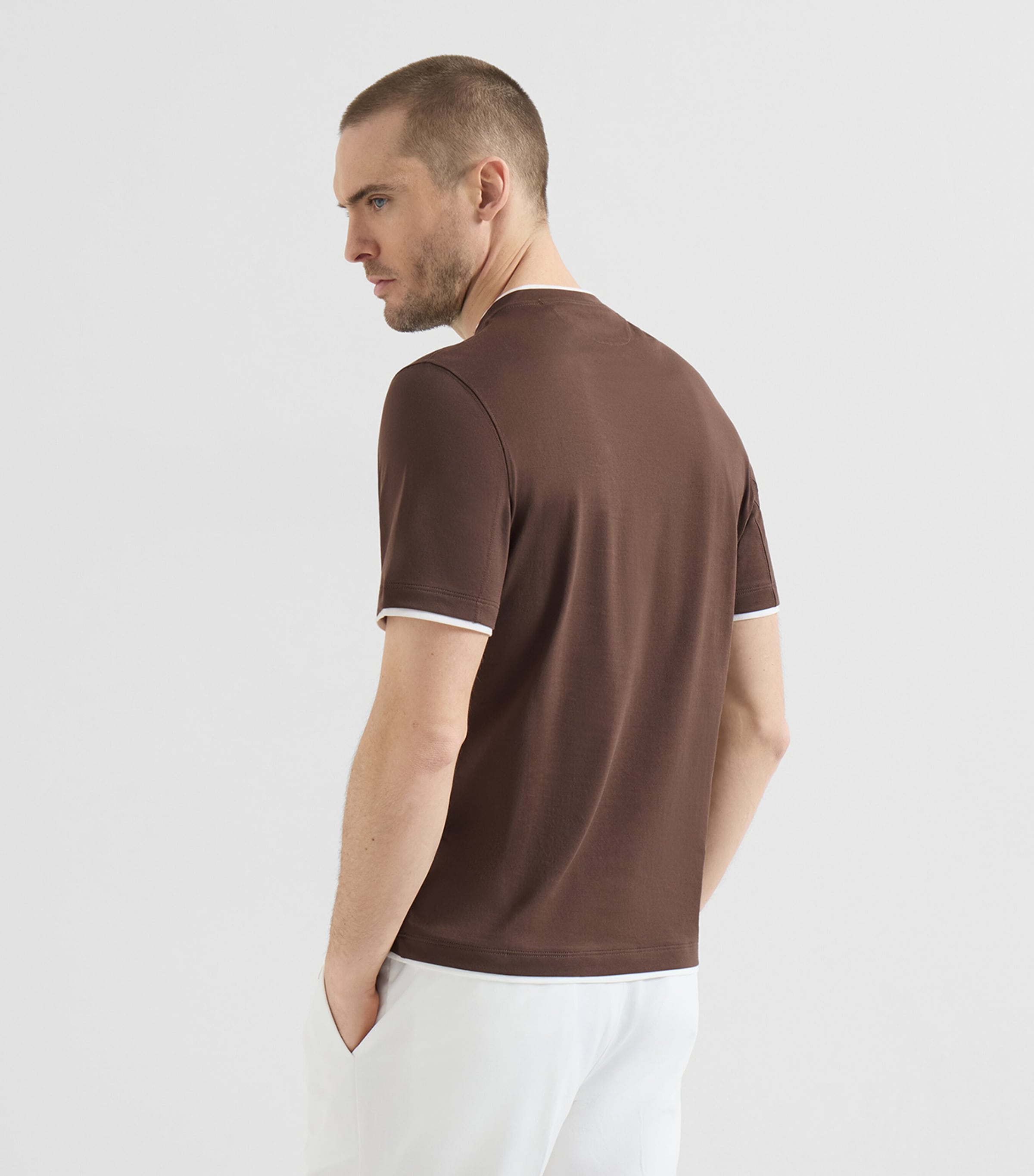 Brunello Cucinelli Mens Cotton Faux-Layer T-Shirt Brown+white Image 5
