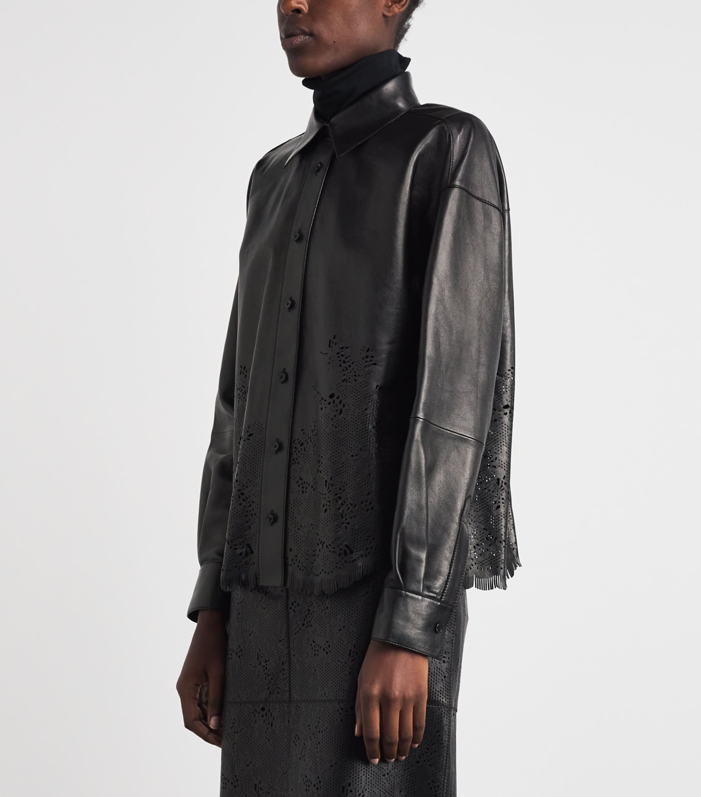 Lafayette 148 Womens Lambskin Laser-Cut Shirt Black Image 4