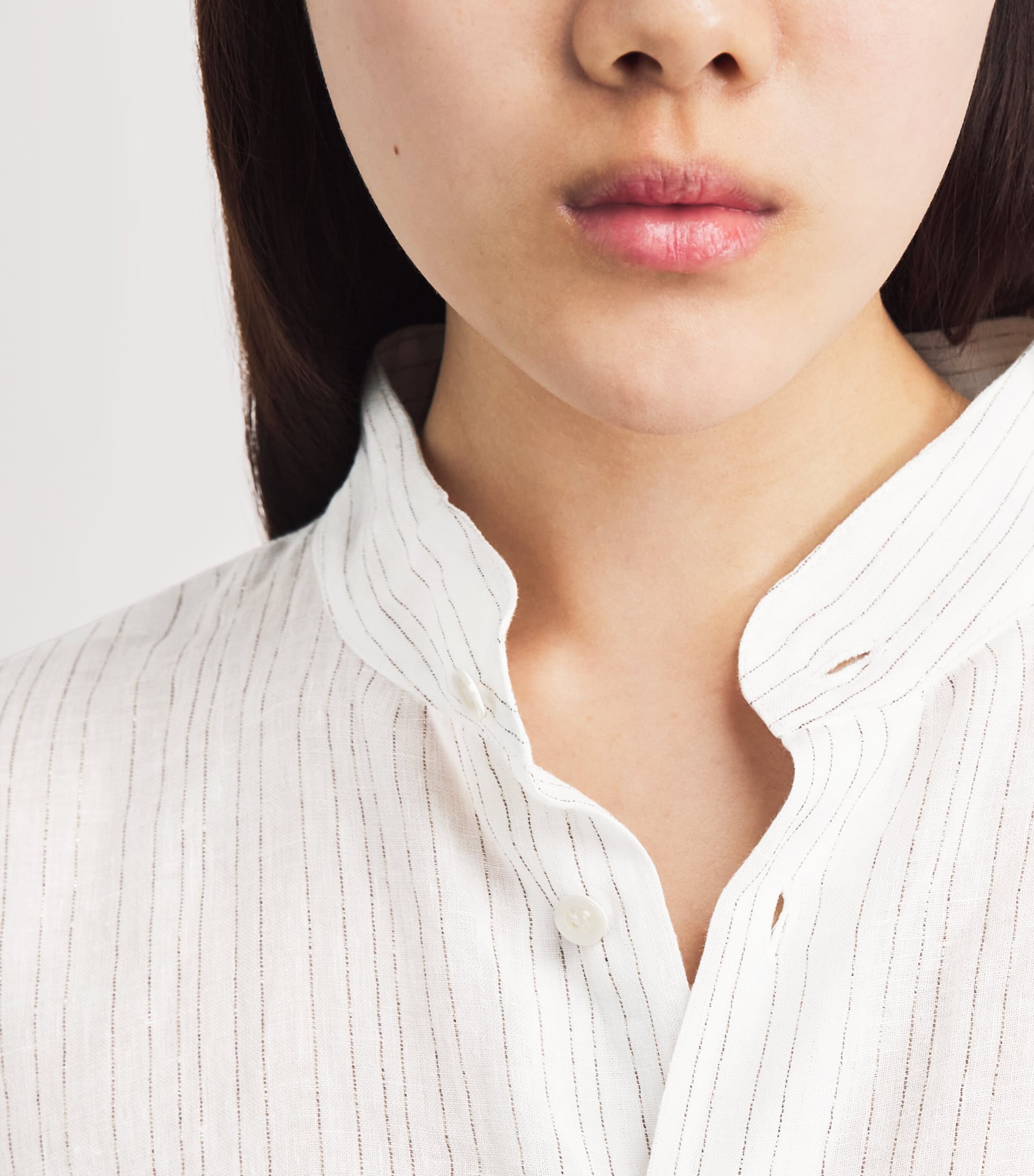 Eskandar Womens Linen-Blend Collarless Stripe Shirt White Image 3