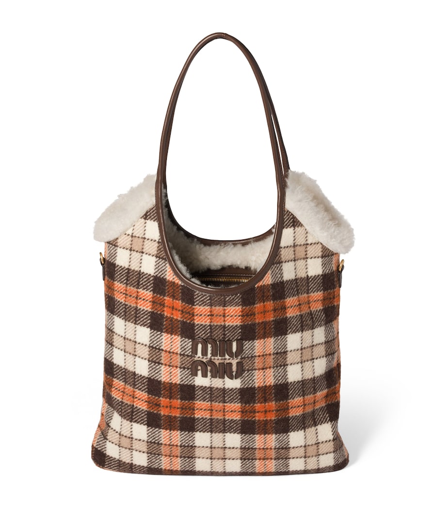 Shearling-Trim Plaid Ivy Tote Bag F0Z0F Image 1