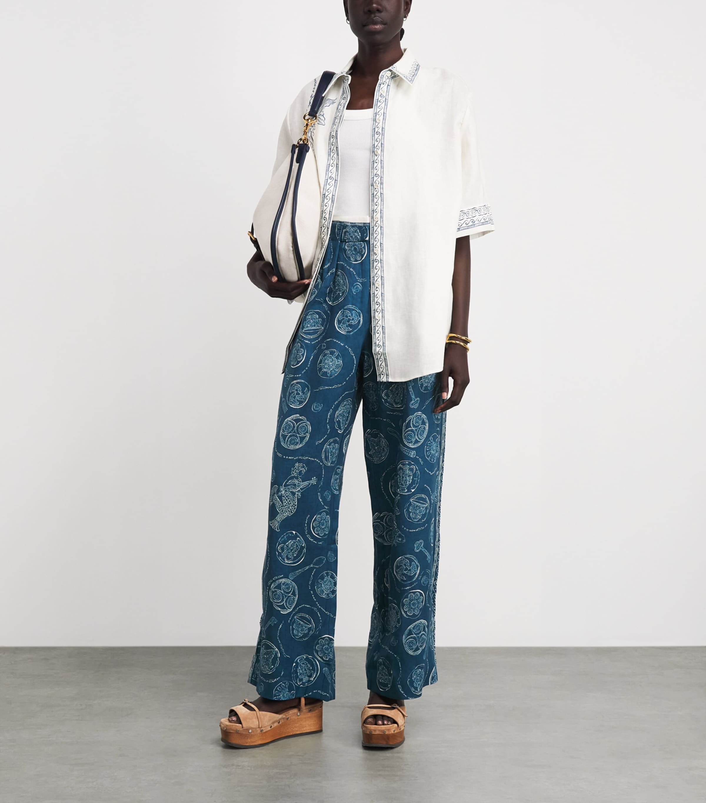ALEMAIS Womens Linen Printed Lucky Trousers Blue Image 2