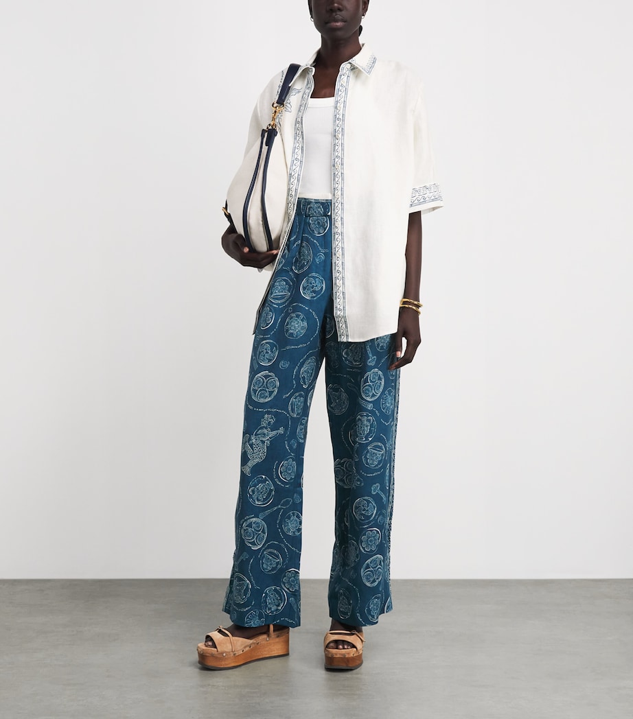 ALEMAIS Womens Linen Printed Lucky Trousers Blue Image 2