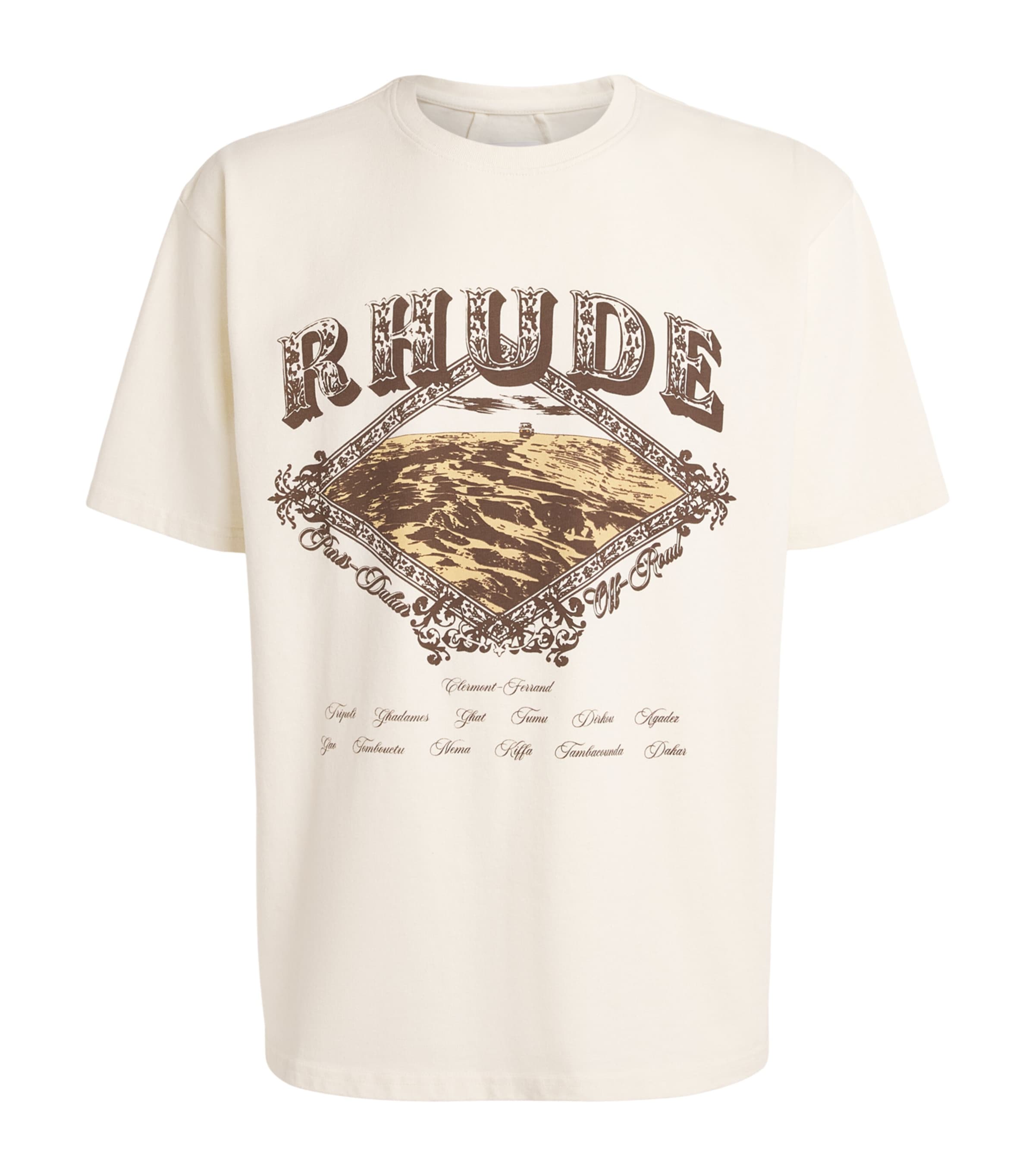 Rhude Mens Cotton Dakar Print T-Shirt Vintage White /brown Image 1