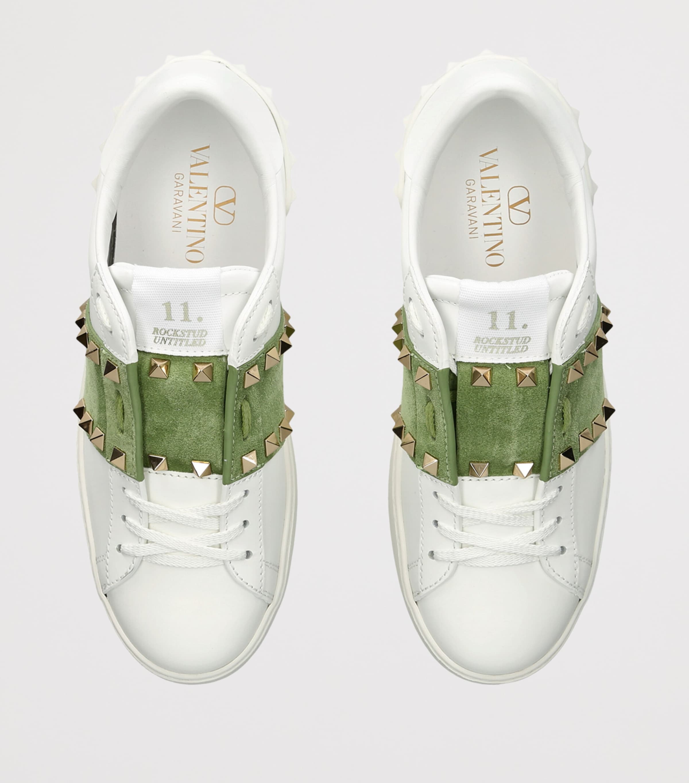 Valentino Garavani Leather Open Rockstud Sneakers Green Oth Image 3