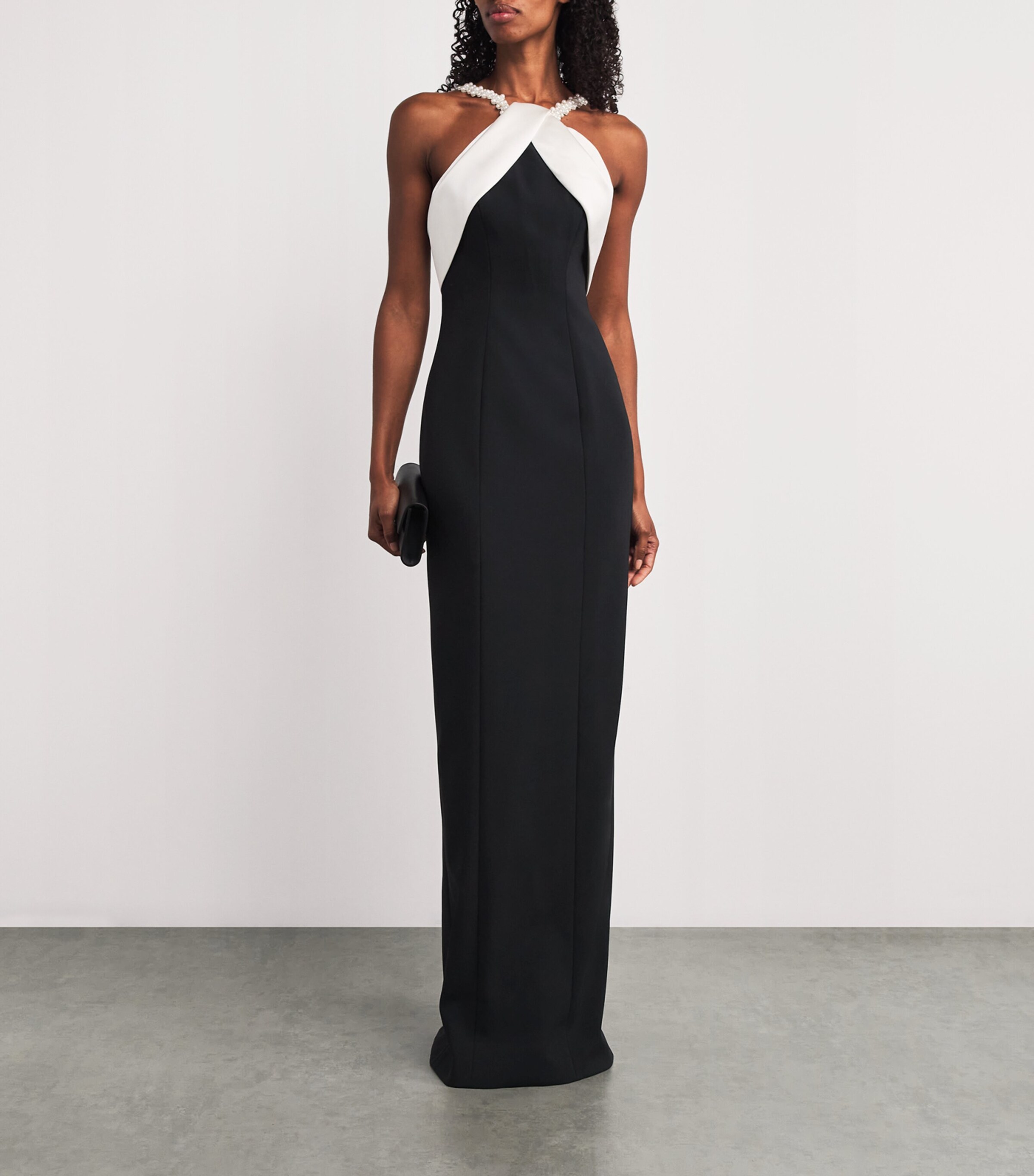 Pamella Roland Womens Satin Beaded Halterneck Gown Black/white Image 2