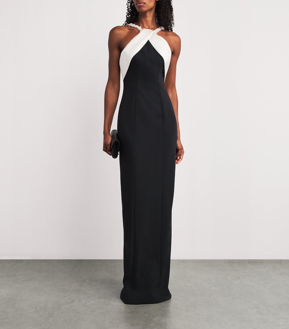 Pamella Roland Womens Satin Beaded Halterneck Gown Black/white Image 2