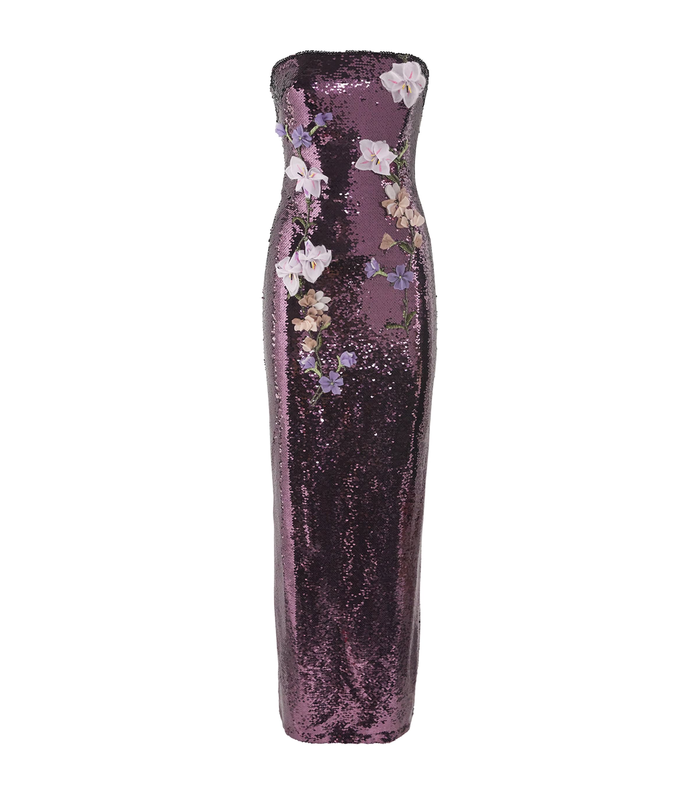 Monique Lhuillier Strapless Floral-embroidered Sequin Column Gown In Black