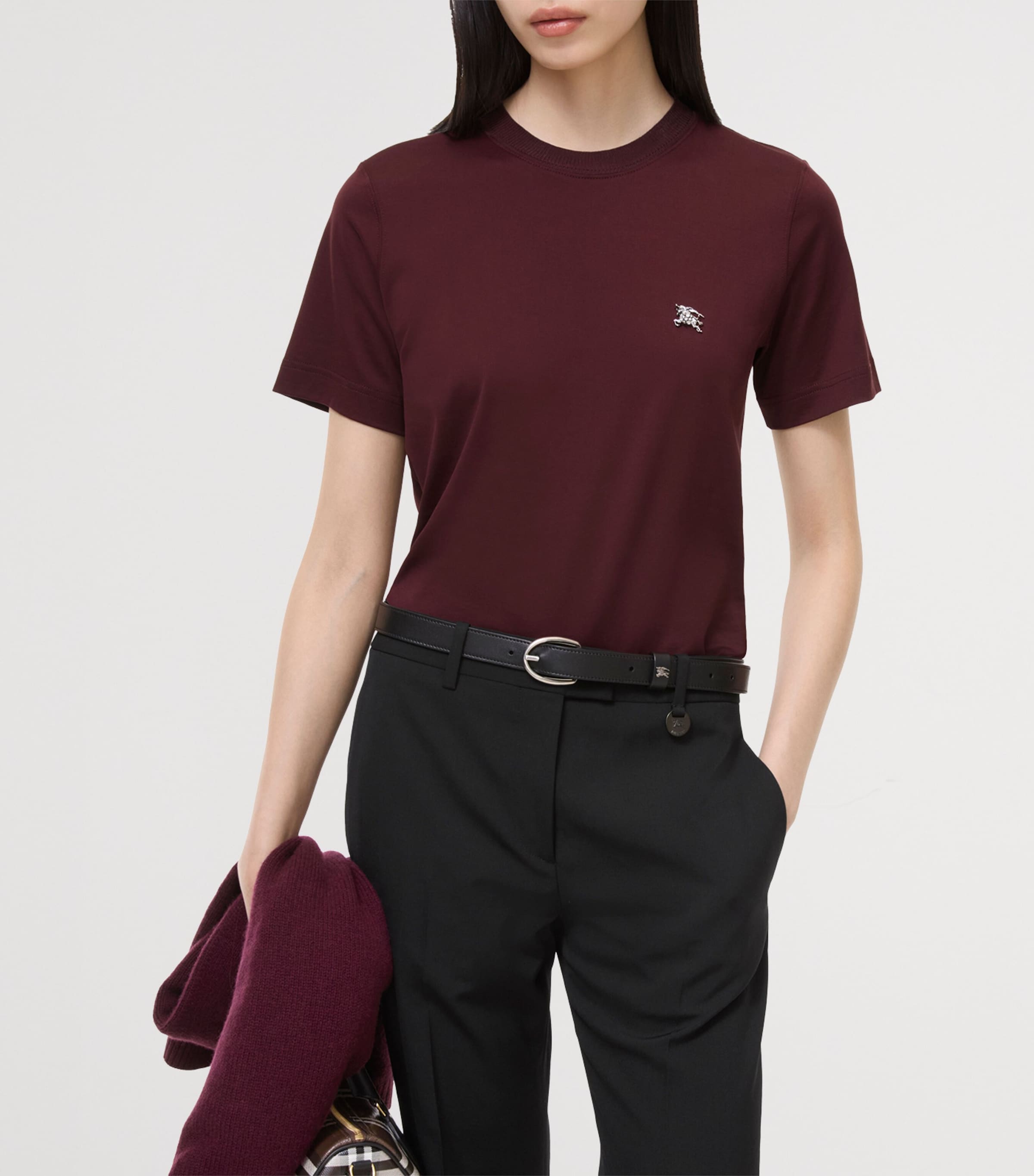 Burberry Womens Cotton Embellished EKD T-Shirt Mahogany Red Image 2