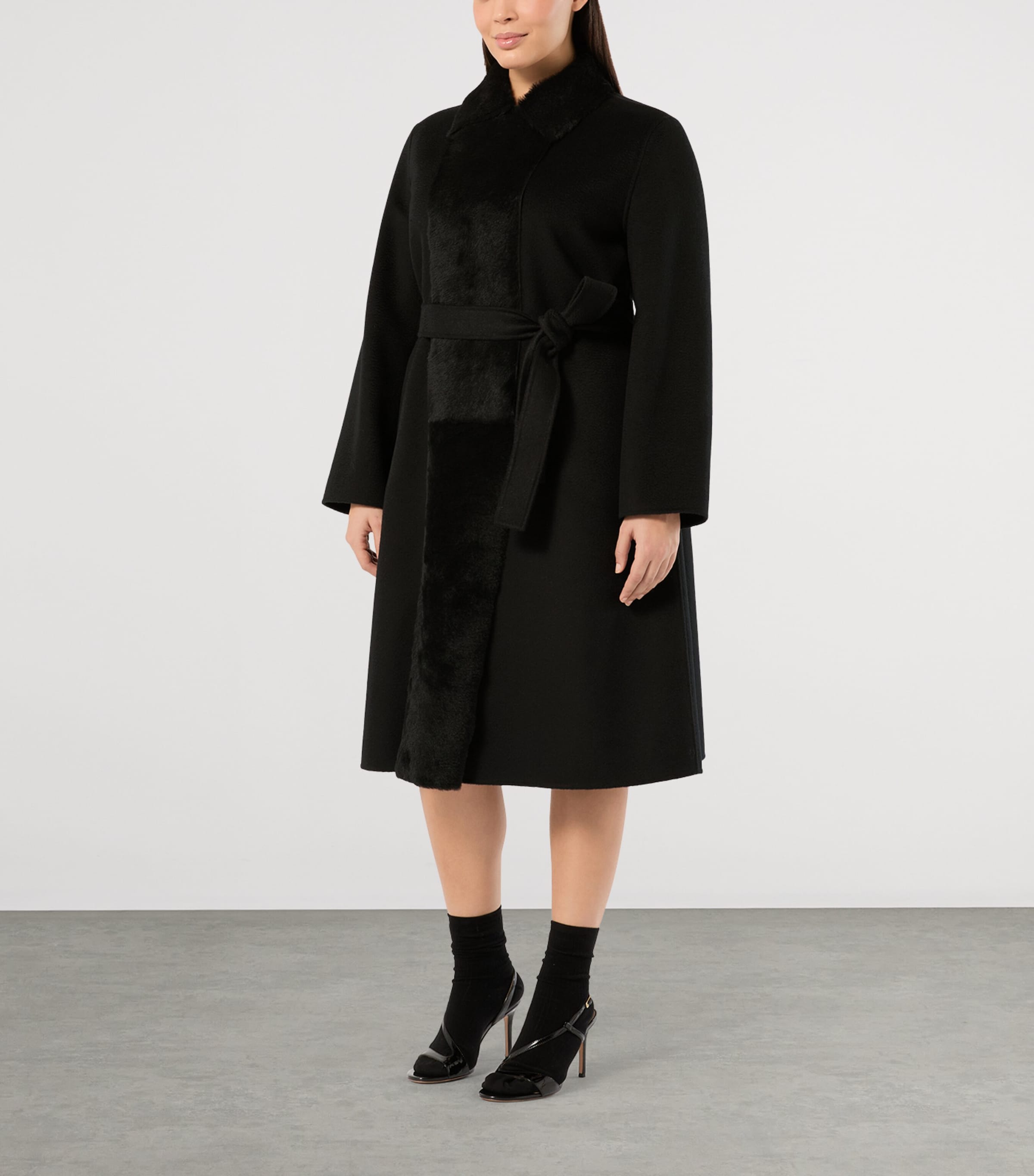 Marina Rinaldi Womens Wool Lamb-Fur Wrap Coat Black Image 3