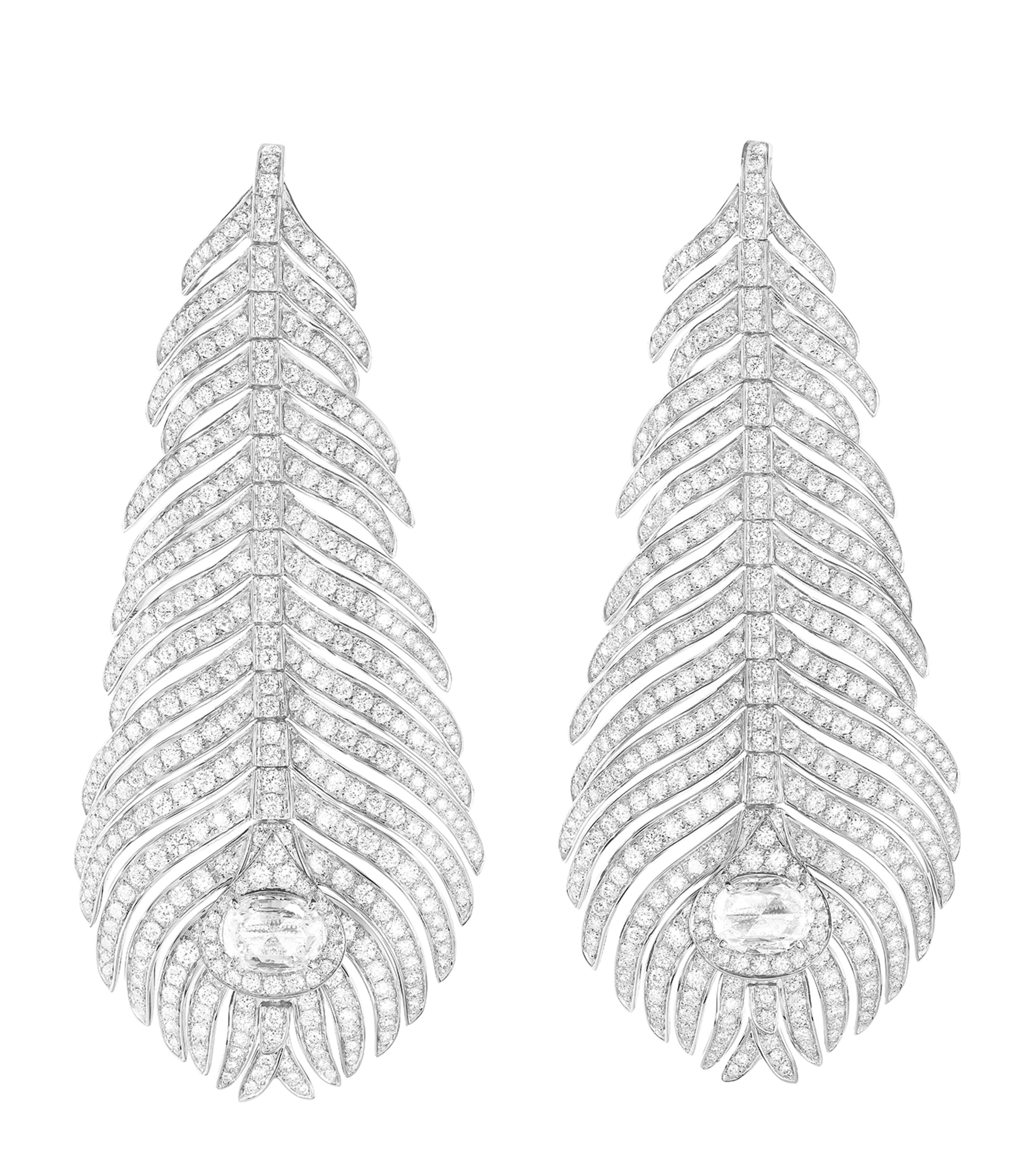 Boucheron White Gold And Diamond Plume De Paon Pendant Earrings In Metallic