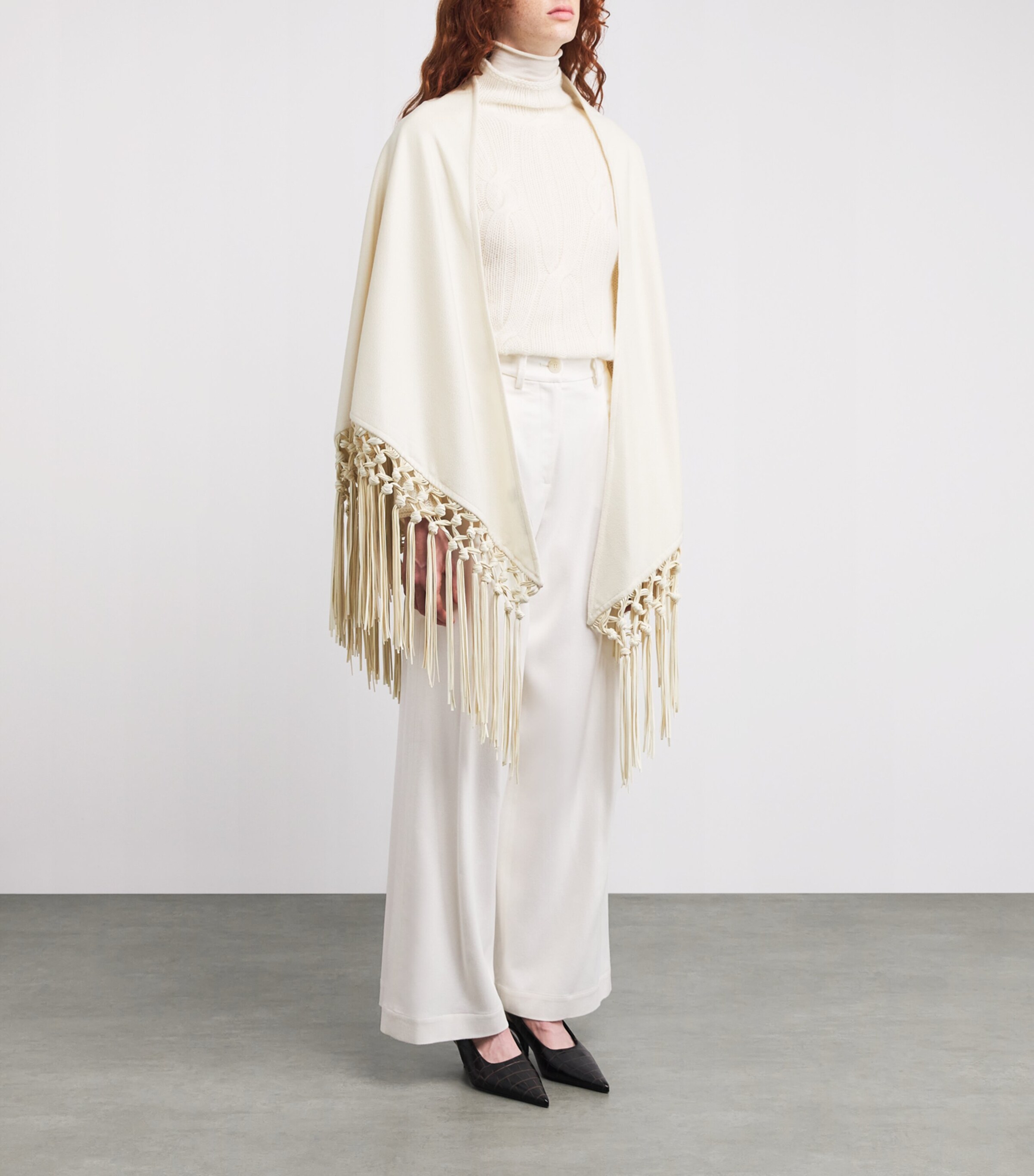 Cashmere and Leather Fringe-Trim Cape 0050 WHITE Image 3