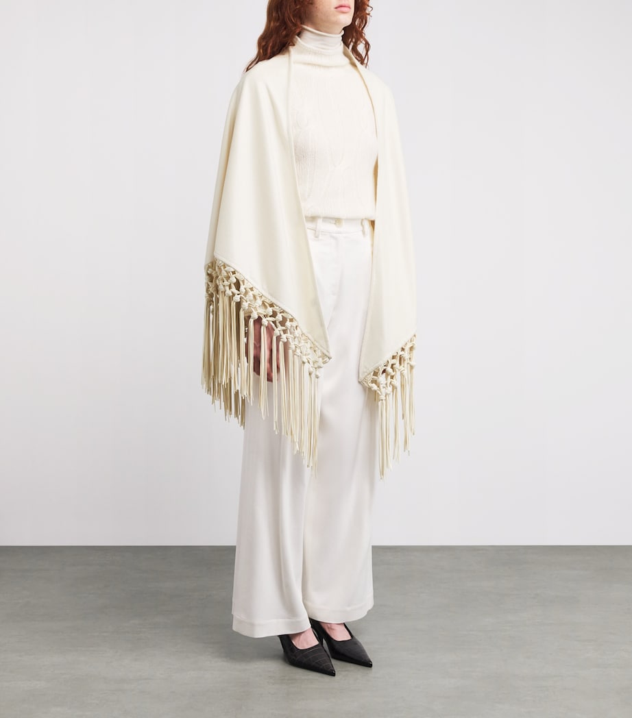 Cashmere and Leather Fringe-Trim Cape 0050 WHITE Image 3